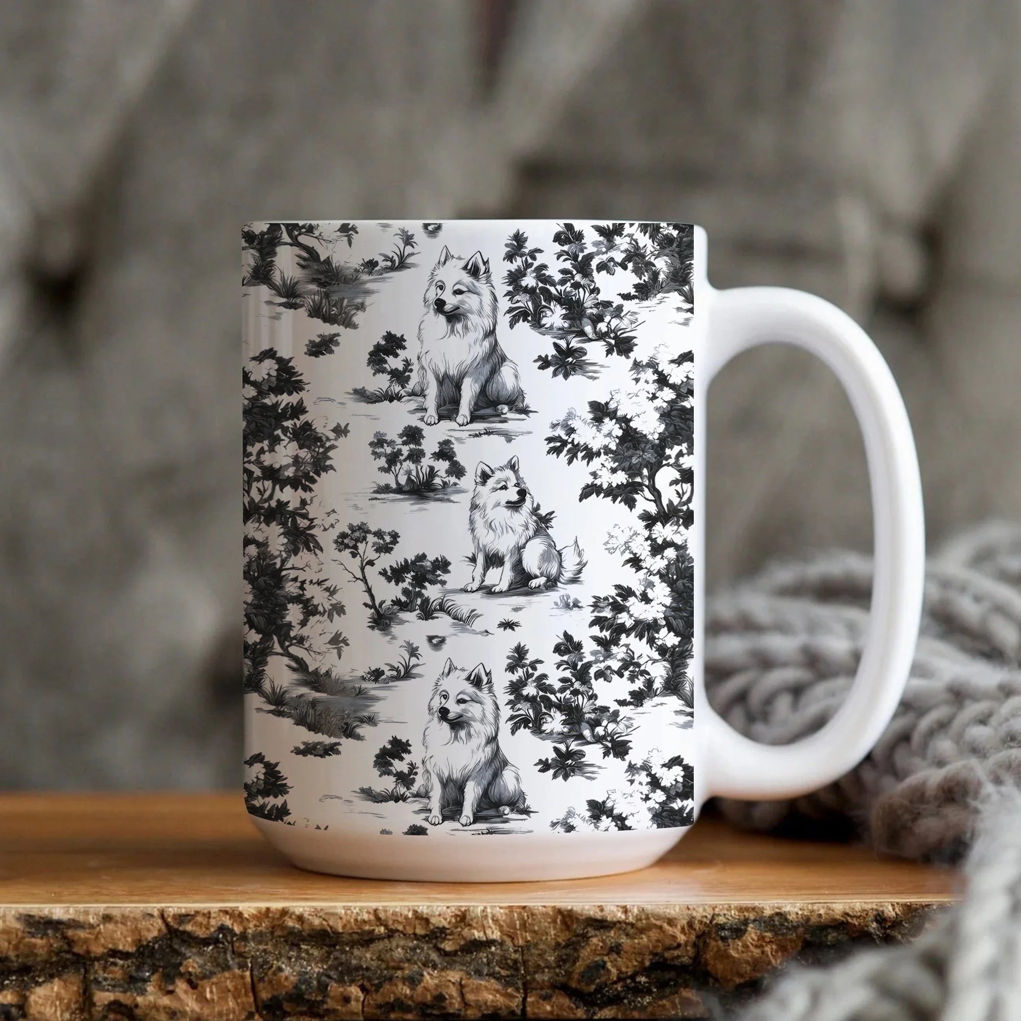Samoyed Black French Toile Mug with Black Trim - Elegant Samoyed Dog Lovers Toile de Jouy Coffee Cup, Dog Dad Ceramic Toile Tea Cup Gift