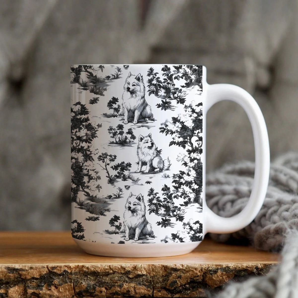 Samoyed Black French Toile Mug with Black Trim - Elegant Samoyed Dog Lovers Toile de Jouy Coffee Cup, Dog Dad Ceramic Toile Tea Cup Gift