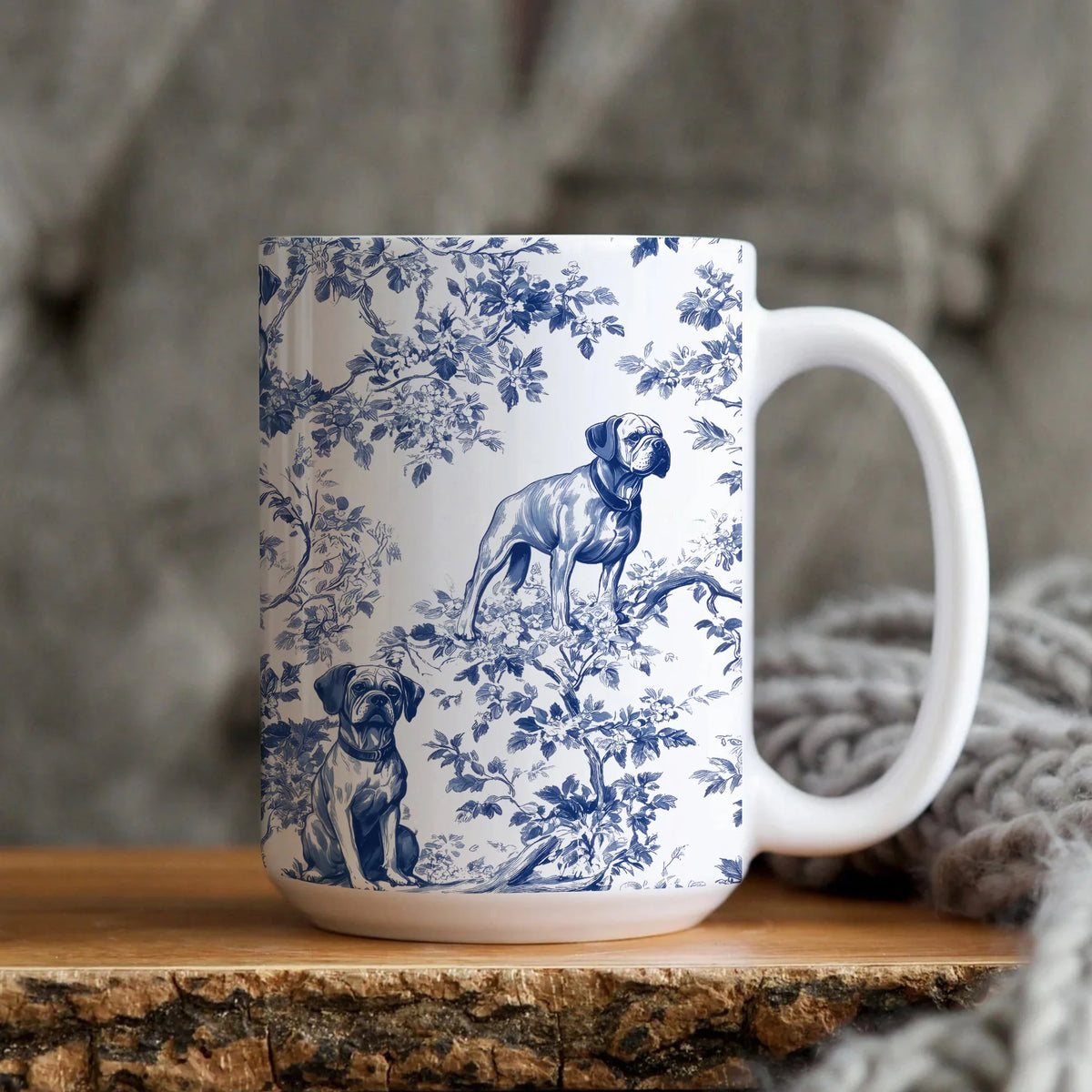 Boxer Dog Blue Toile de Jouy Mug - Elegant French Toile Coffee Cup Gift for Boxer Mom, Dog Lovers Chinoiserie Ceramic Tea Cup