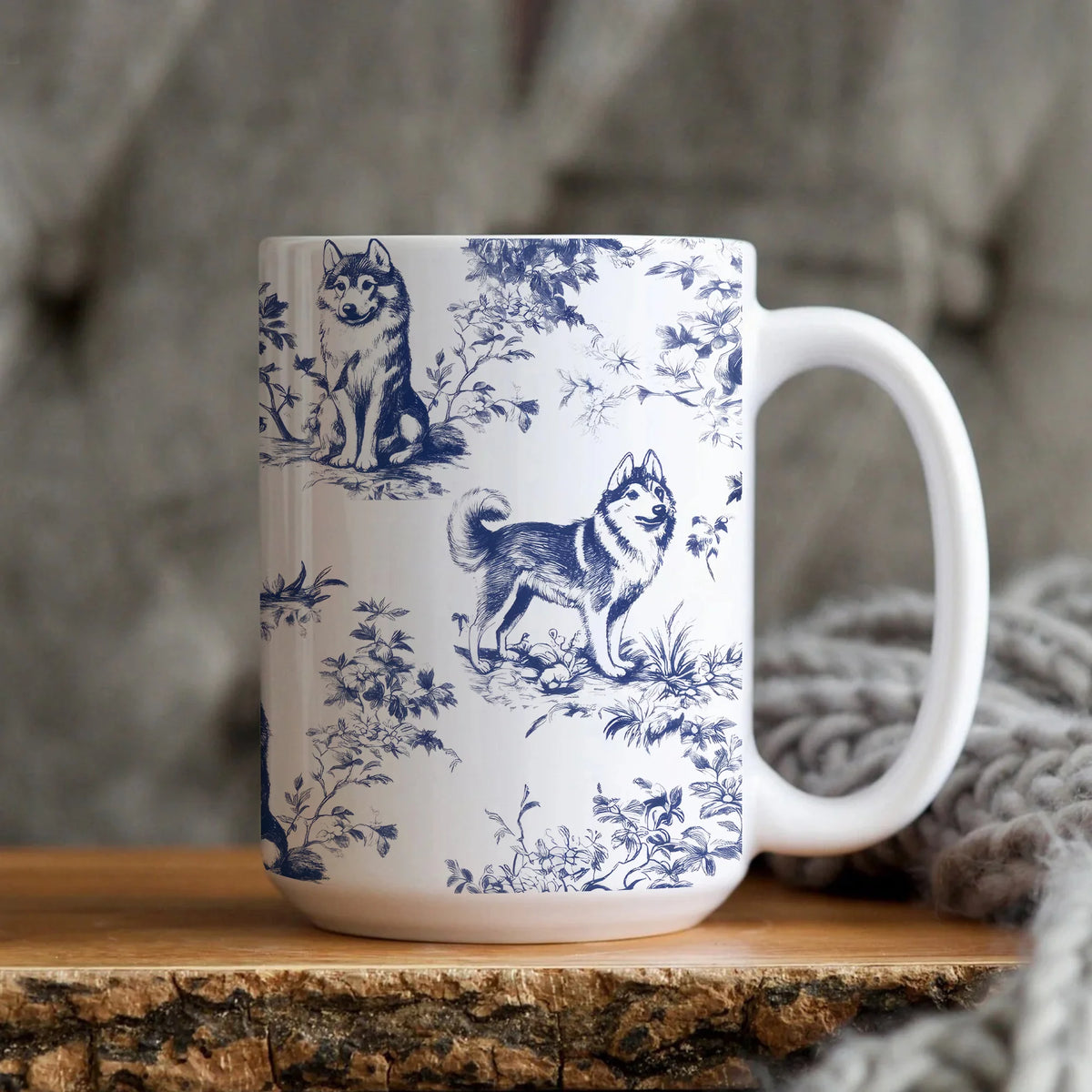 Husky French Toile de Jouy Mug - Elegant Blue Toile Coffee Cup Gifts for Husky Mom, Alaskan Malamute Dog Lover Chinoiserie Ceramic Tea Cup
