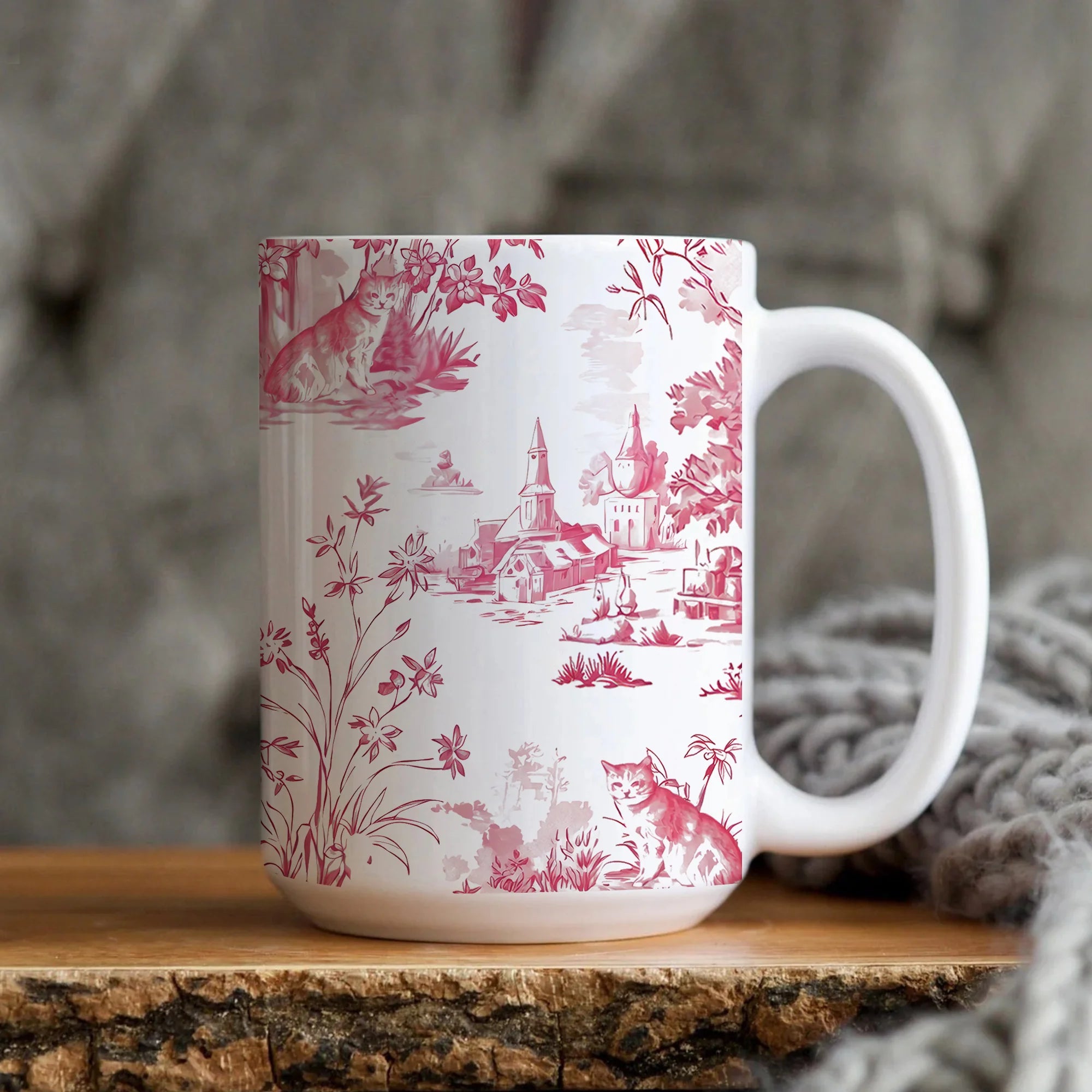Elegant French Pink Toile Cat Mug, Cats and Floral, Charming Cat, Gift for Cat Lovers, Tea Cup, Vintage Cat, Retro Kitty Mug Gift for Her