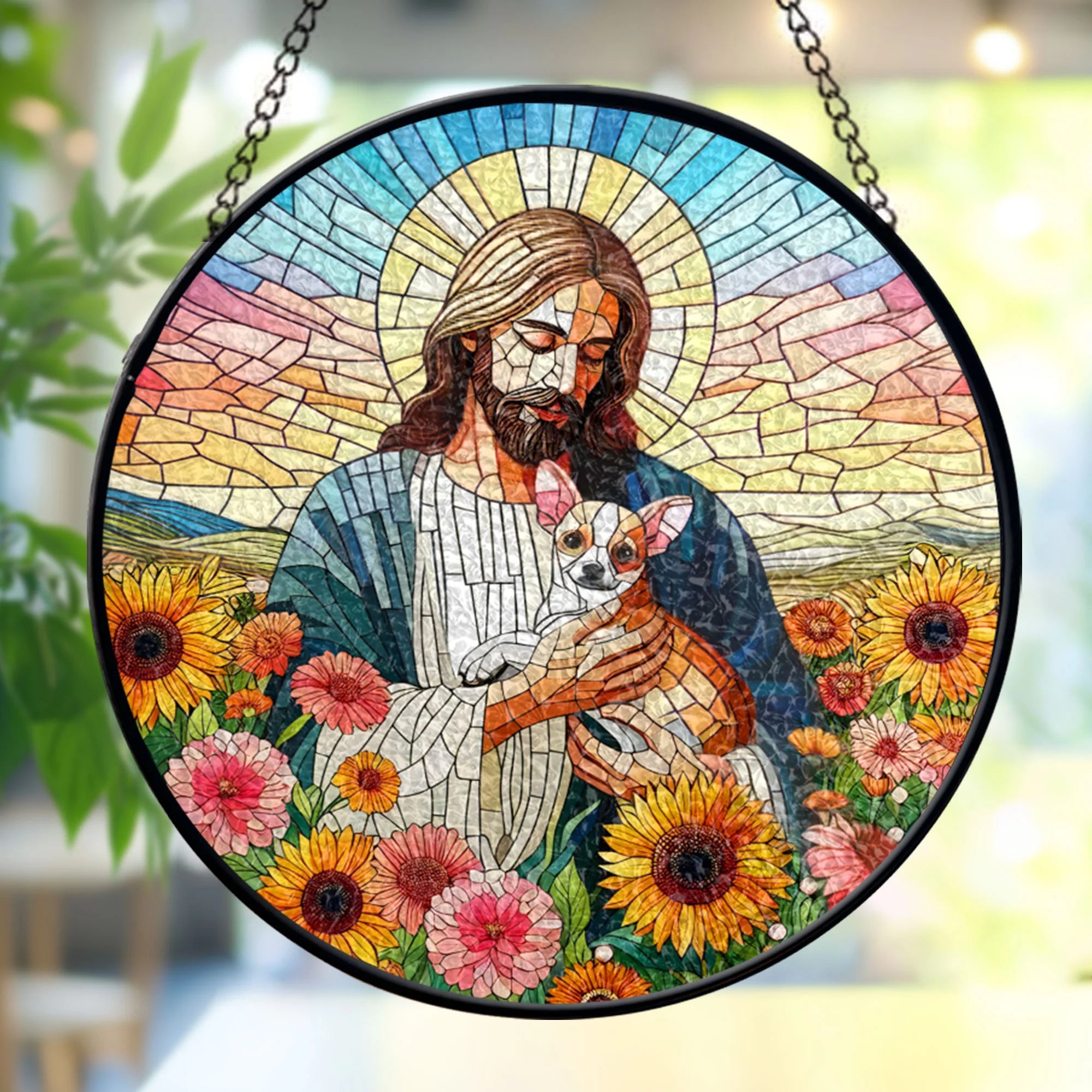 Jesus Christ Hugging Chihuahua Dog GLASS Window stained glass, Jesus Christ Art, Chihuahua Suncatcher, Dog Mom gift, Memorial Dog Gift