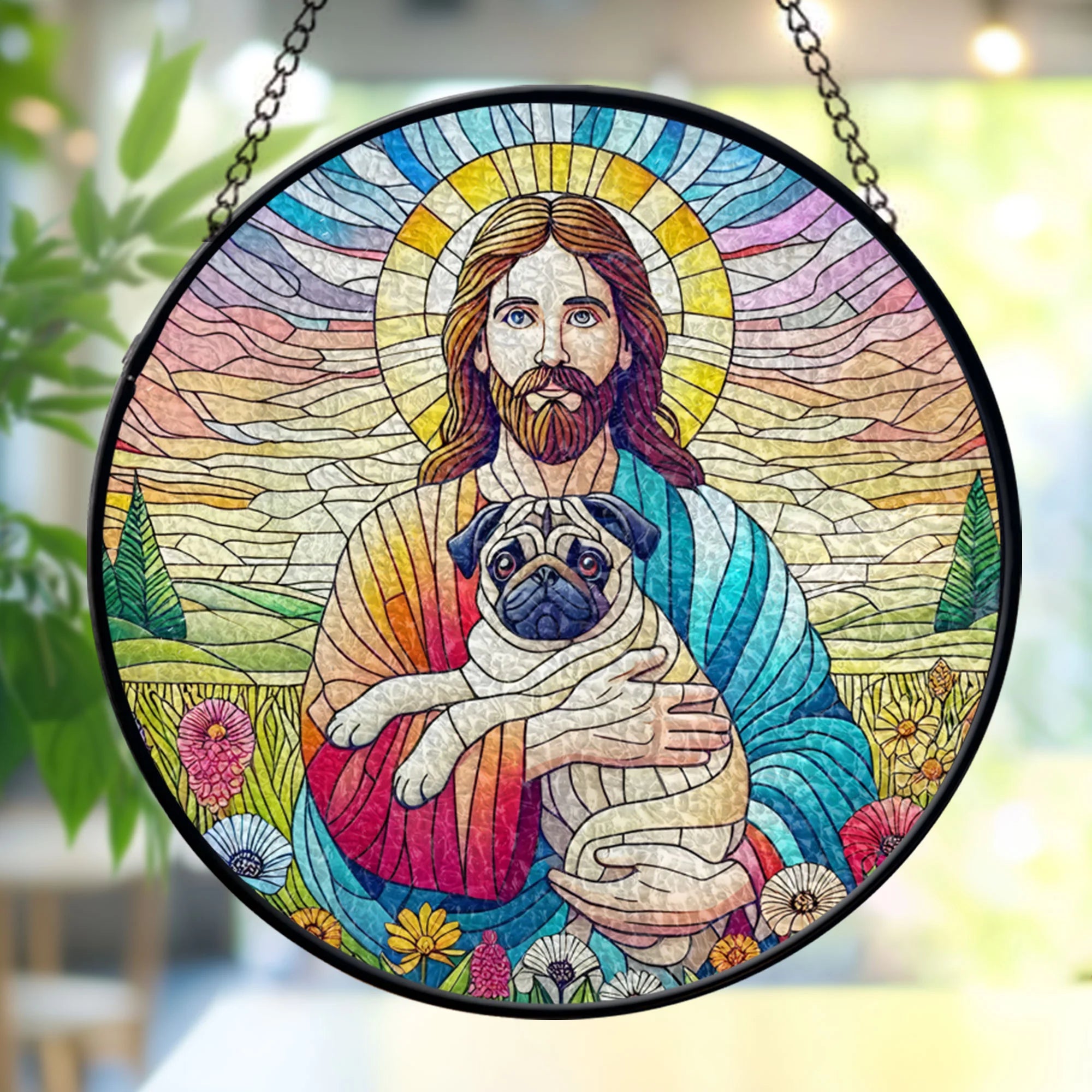Jesus Christ Hugging Pug Dog GLASS Window stained glass, Jesus Christ Art, Pug Suncatcher, Dog Mom gift, Memorial Dog Gift, Pug Lovers Gift