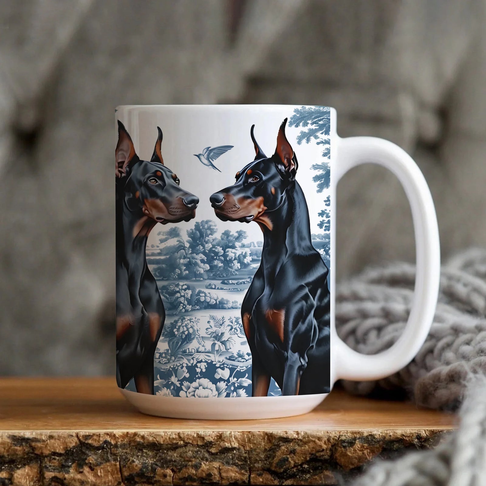 Doberman Blue Toile De Jouy Mug, French Toile Doberman Pinscher Dog Gift, Dobie Lover Ceramic Coffee Cup, Doberman Dog Mom Gift Tea Mug