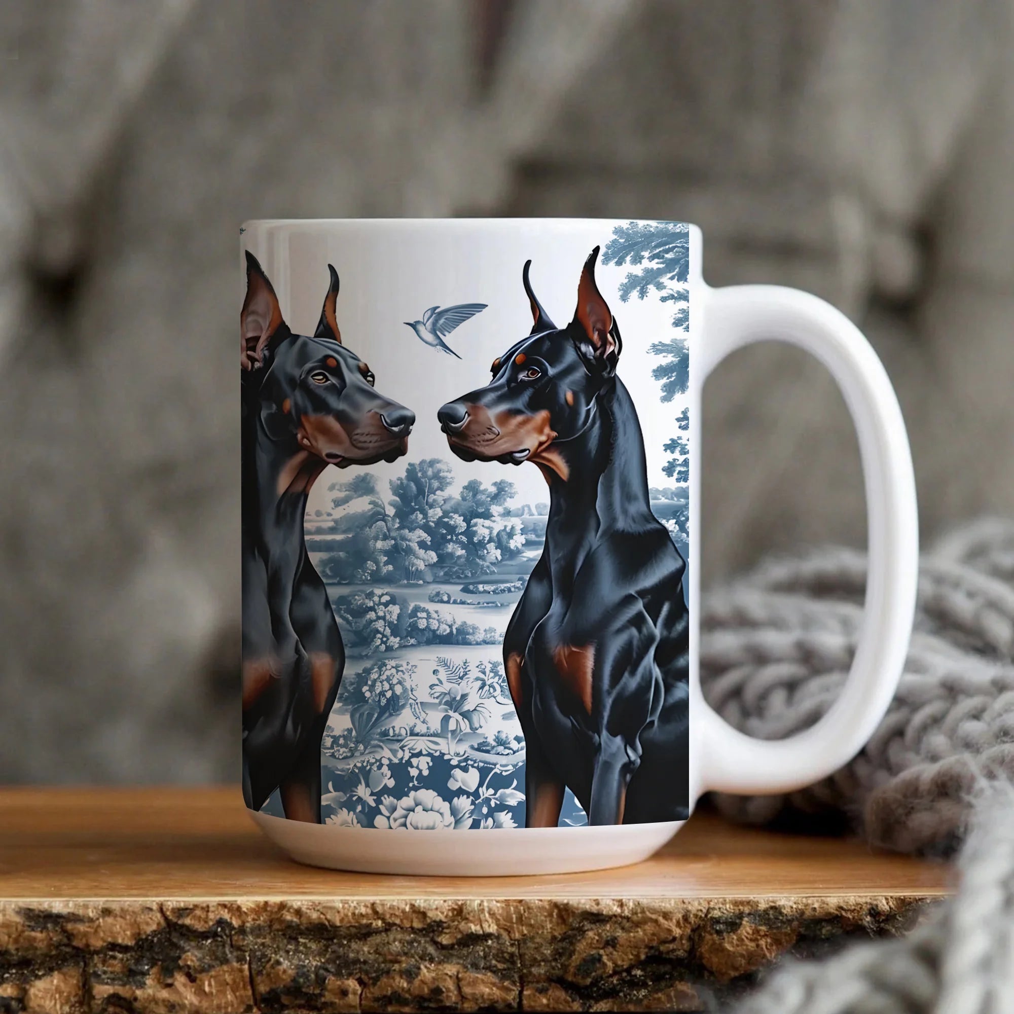 Doberman Blue Toile De Jouy Mug, French Toile Doberman Pinscher Dog Gift, Dobie Lover Ceramic Coffee Cup, Doberman Dog Mom Gift Tea Mug