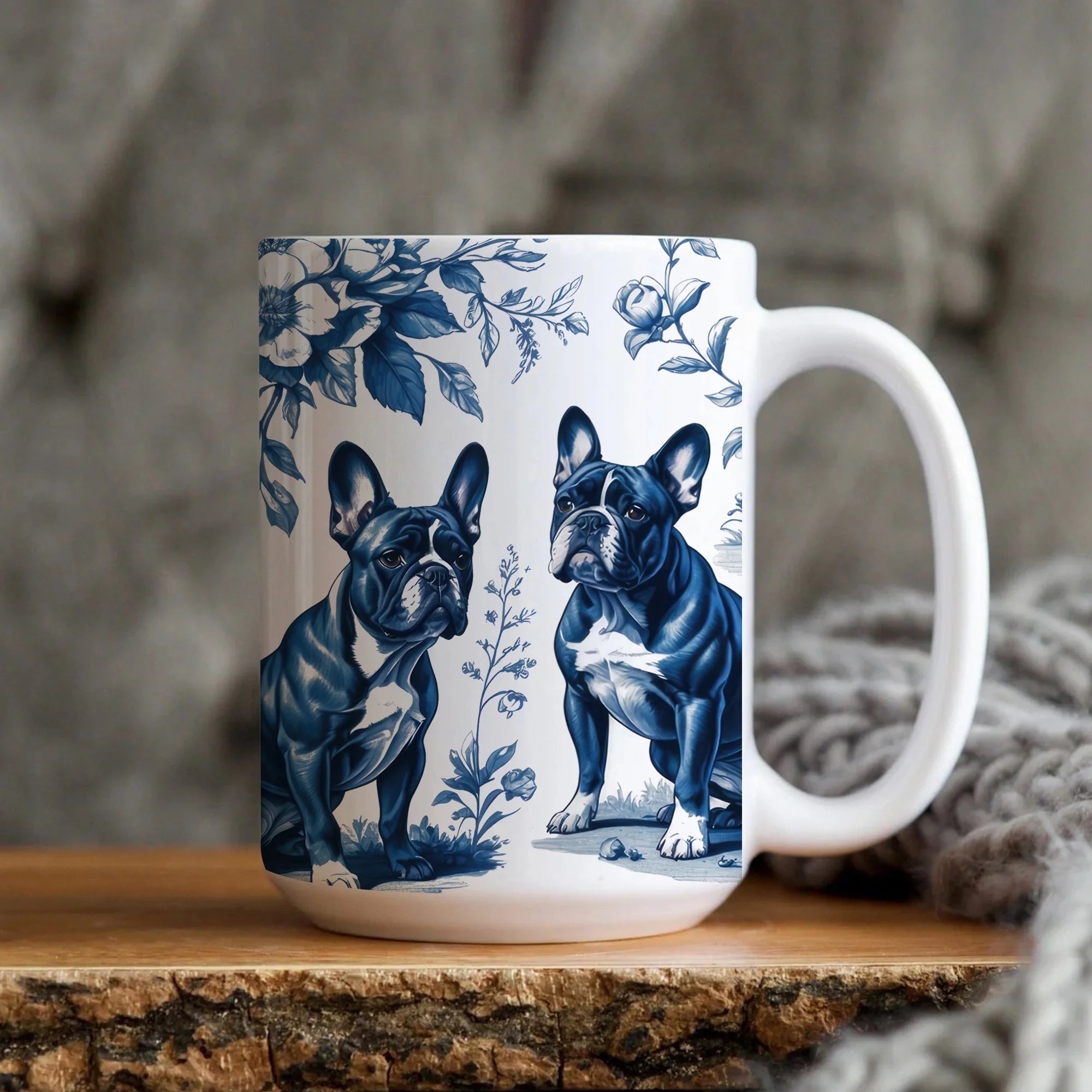 French Bulldog Blue Toile de Jouy Mug, Blue Toile Cup for Frenchie Mom, French Bulldog Lover Gifts, Frenchie Lover Gift