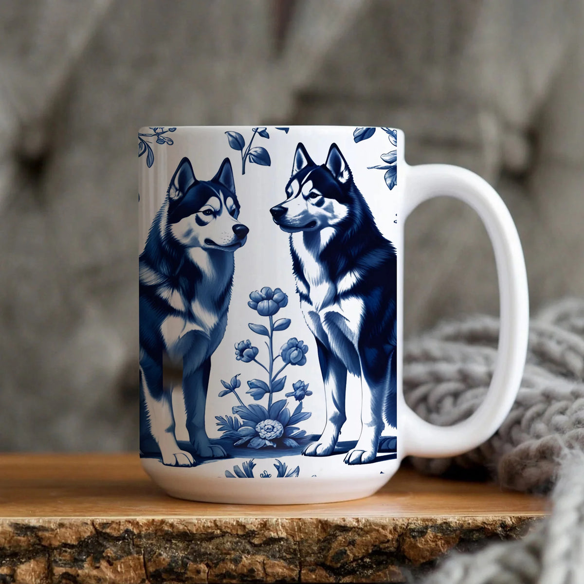 Siberian Husky French Toile Mug, Blue Toile Coffee Cup for Siberian Husky Mom, Husky Dog Gift, Gift for Dog Mom, Dog Lover Gifts