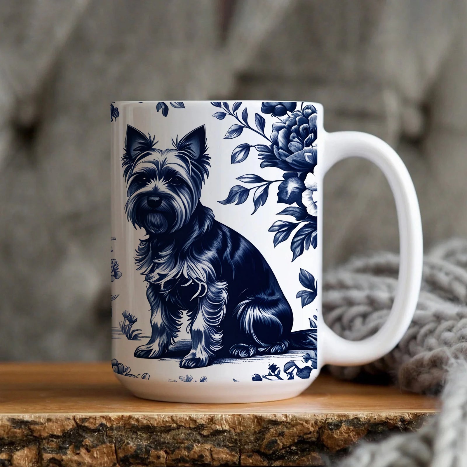 Yorkshire Terriers French Toile de Jouy Mug, Blue Toile Coffee Cup for Yorkshire Terrier Mom, Dog Lover Gifts, Pet Lover Gift