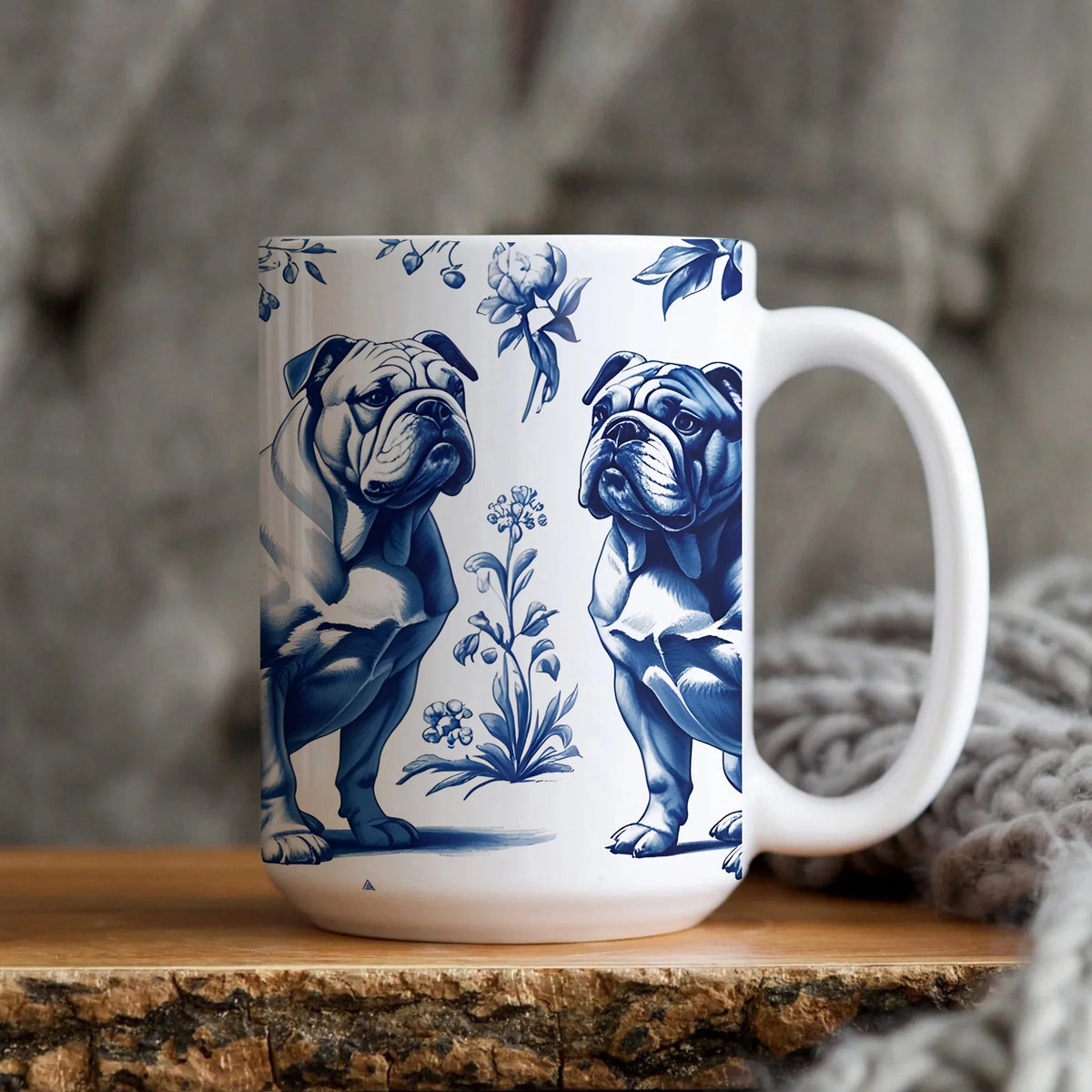 Bulldogs French Toile Mug, Elegant Blue Toile Coffee Cup for Bulldog Mom, Bulldog Lover Gifts, Gift for Dog Mom, Dog Lover Gifts