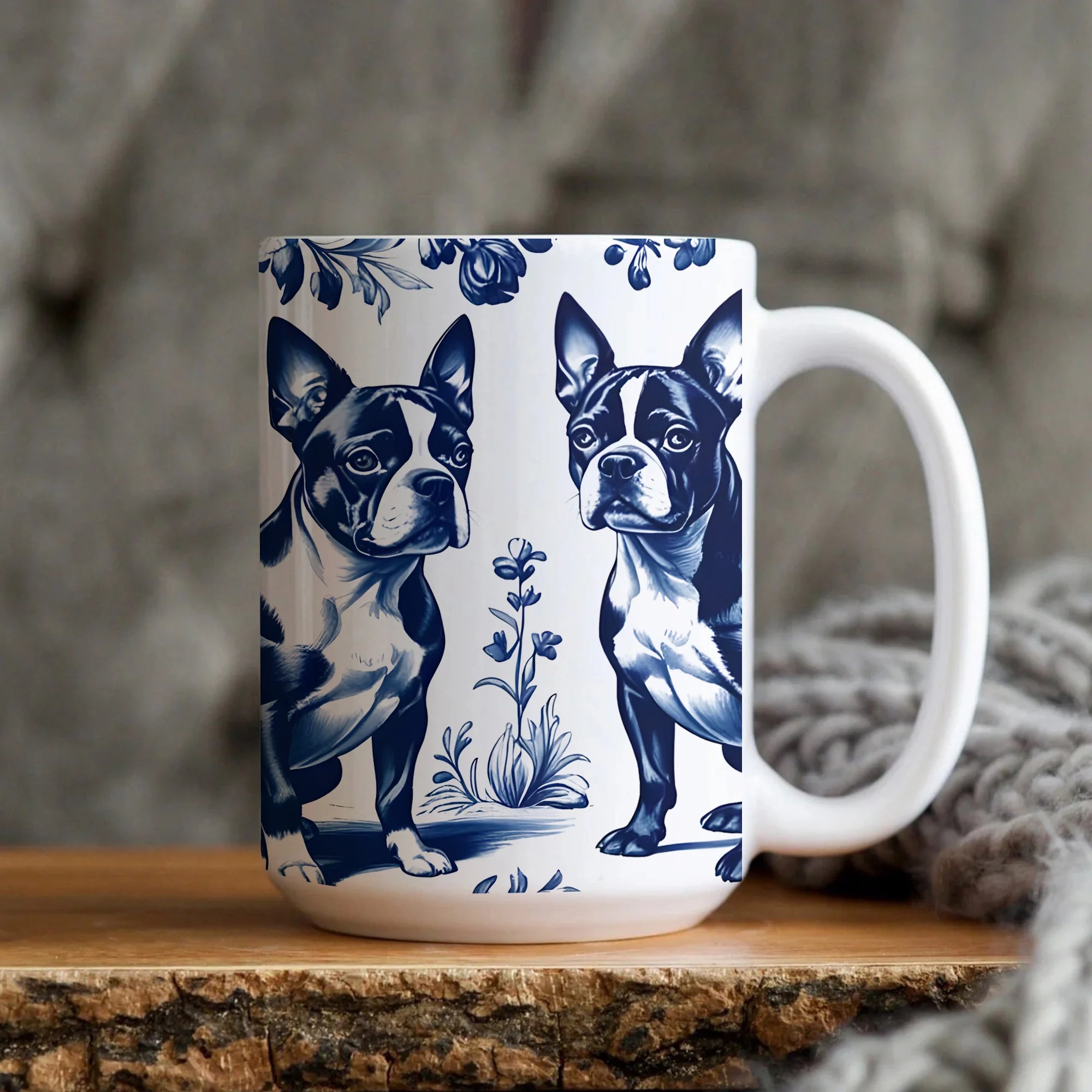 Boston Terriers French Toile Mug, Blue Toile Coffee Cup for Boston Terriers Mom, Boston Terriers Lover Gifts, Gift for Dog Mom
