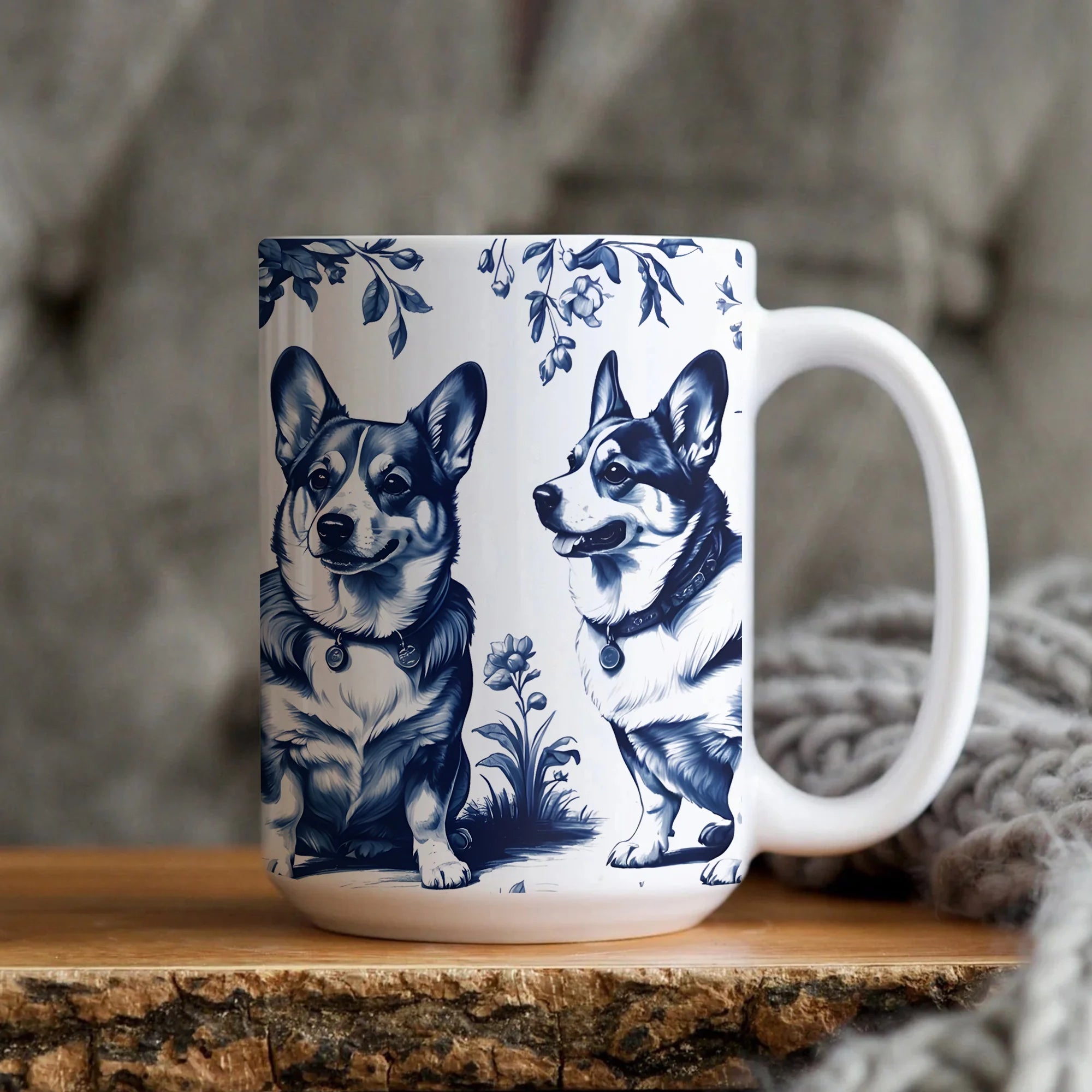 Corgi Dogs Blue French Toile de Jouy Mug, Coffee Mug for Corgi Mom, Corgi Dogs Gift, Corgi Dog Lover Gifts, Dog Lover Gift