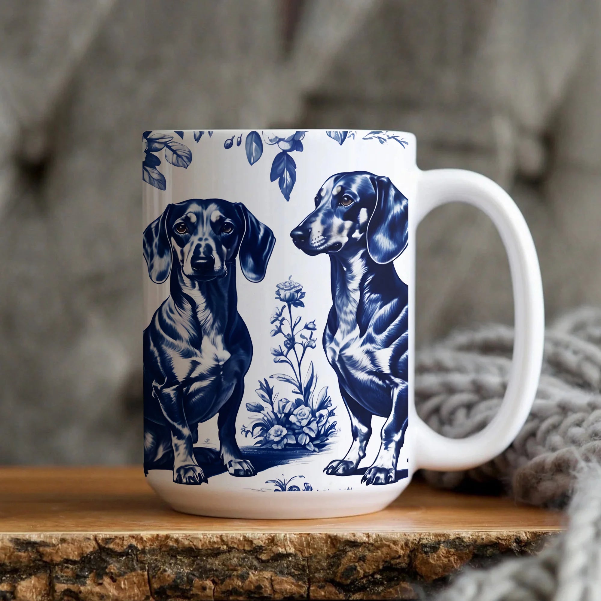 Dachshund Dogs French Blue Toile de Jouy Mug, Wiener Dogs Gift, Coffee Mug for Doxie Mom, Sausage Dog Lover Gifts, Dog Tea Drinkware