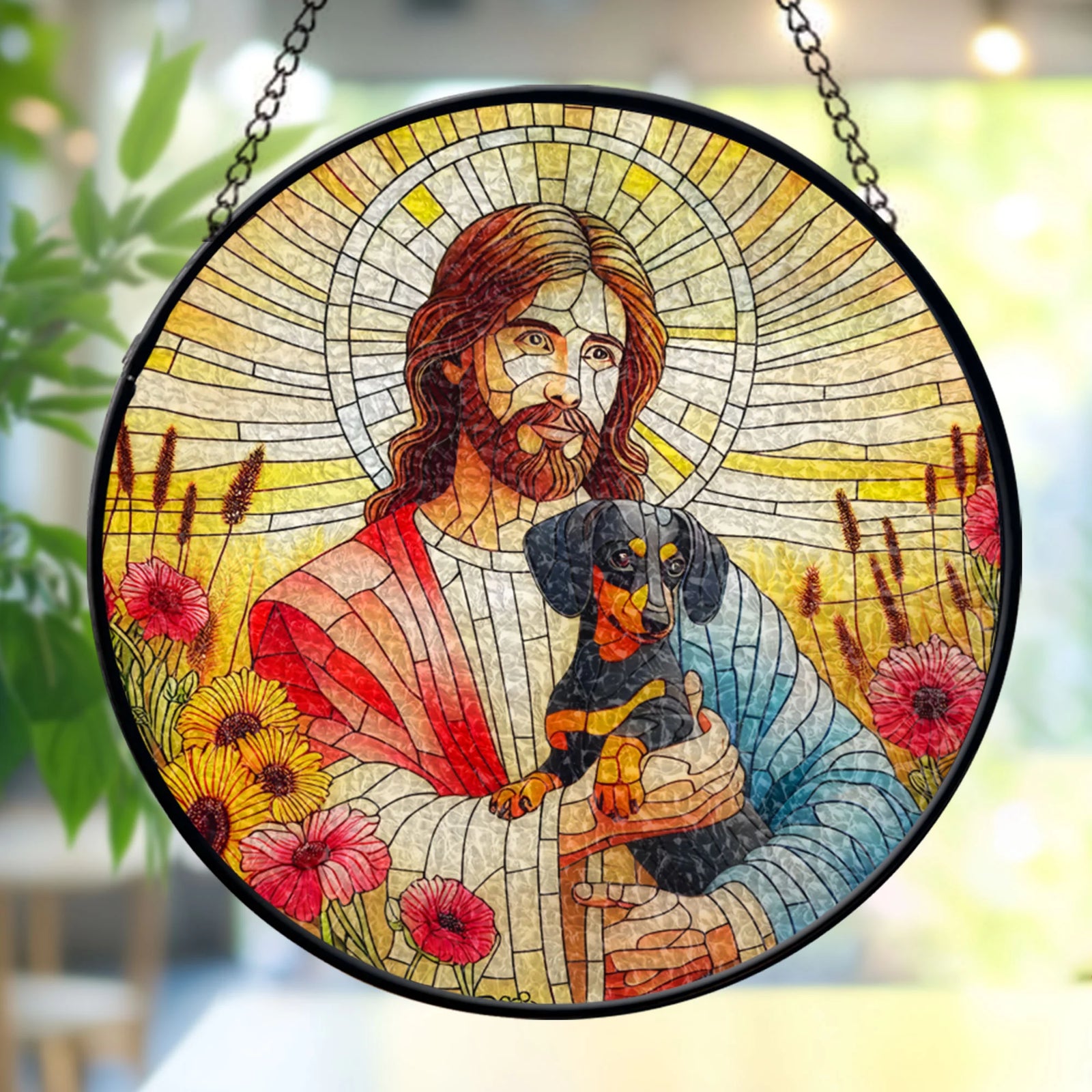 Jesus Christ Hugging Dachshund Dog Stained GLASS Suncatcher, Jesus Christ Art, Dachshund Window stained glass, Dog Mom gift, Memorial Dog Gift