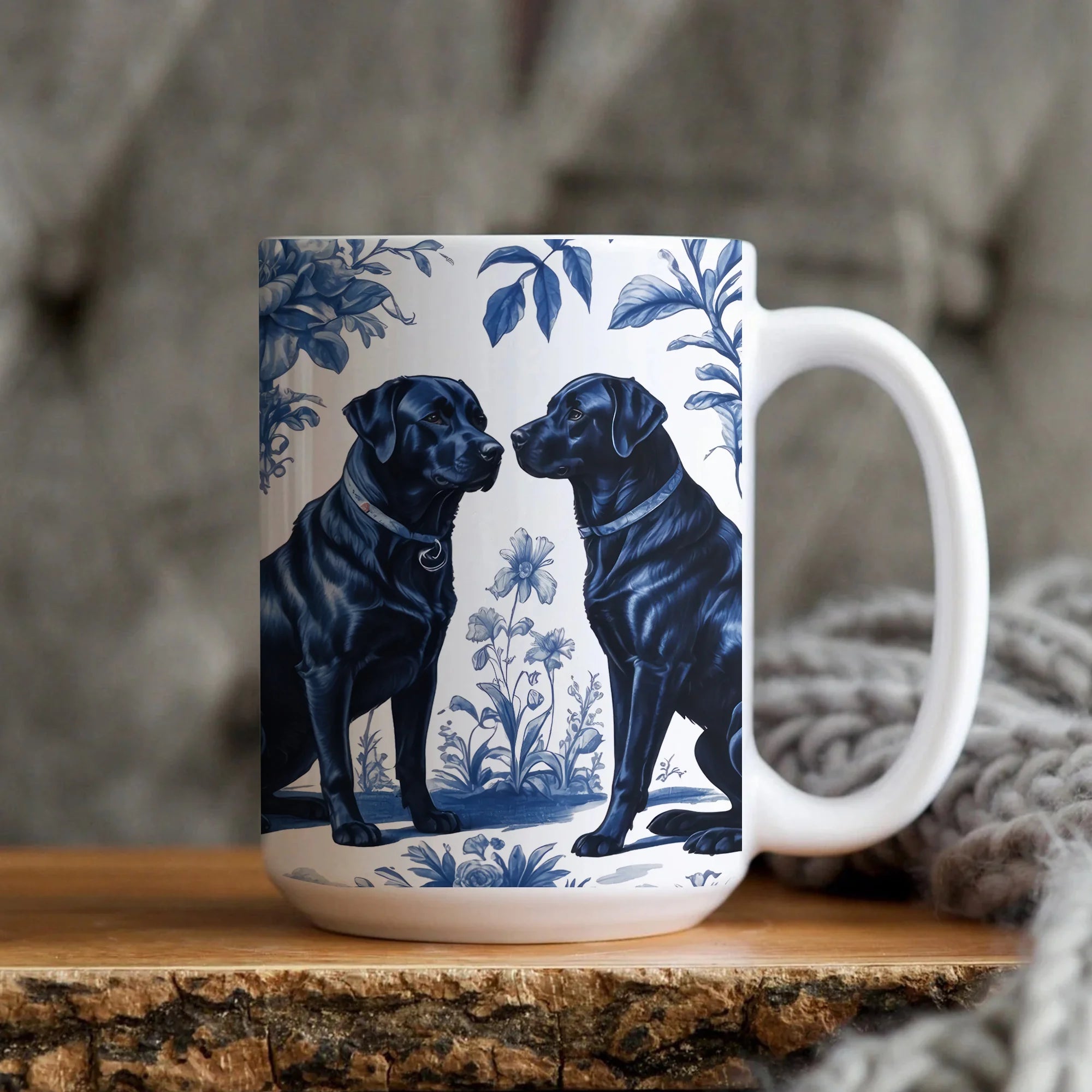 Black Labrador Dogs French Toile de Jouy Mug, Elegant Blue Toile Coffee Cup for Labrador Dog Mom, Dog Lover Gifts, Dog Tea Mug