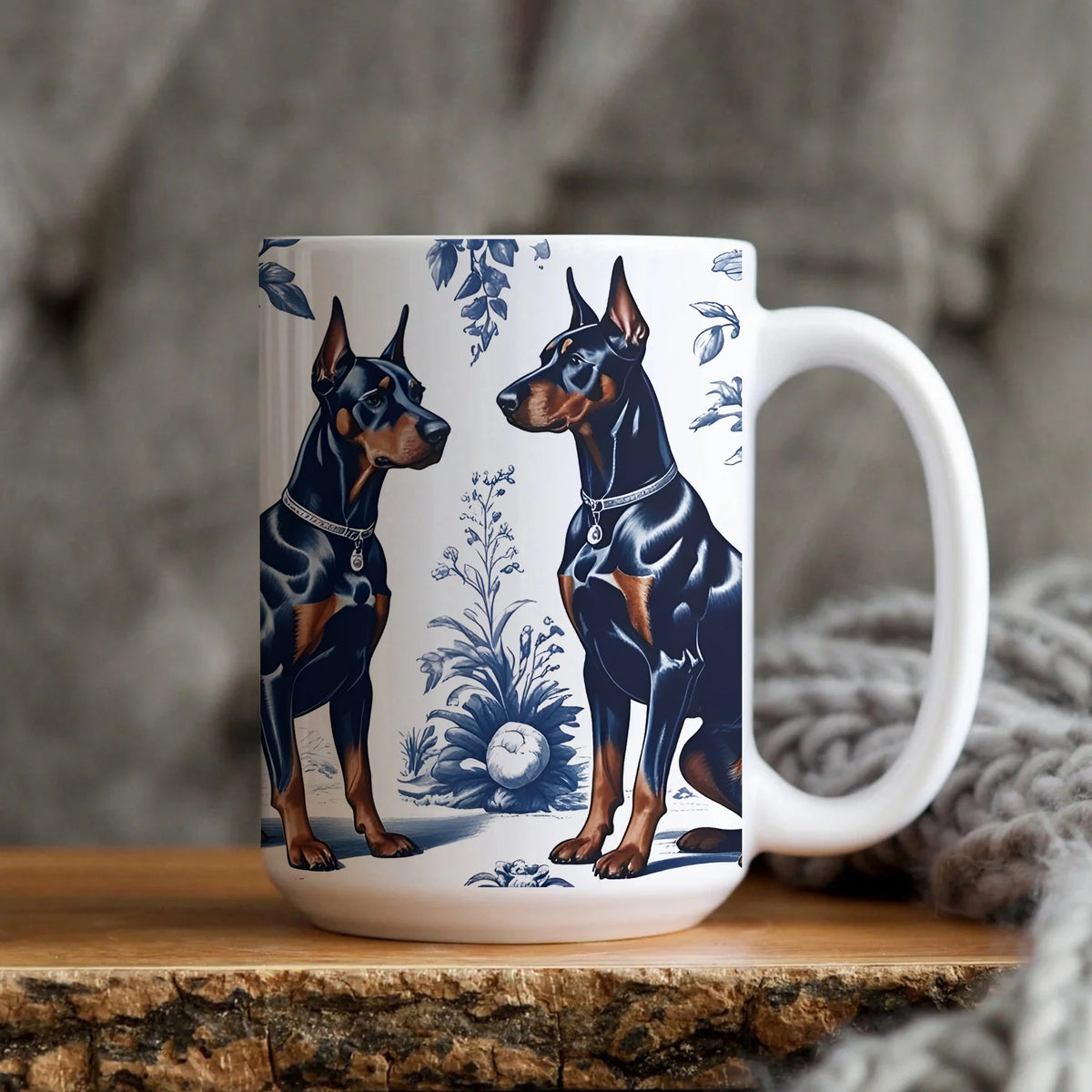 Doberman French Toile Mug, Elegant Blue Toile Coffee Cup for Doberman Mom, Doberman Gifts, Gift for Dog Mom, Dog Lover Gifts