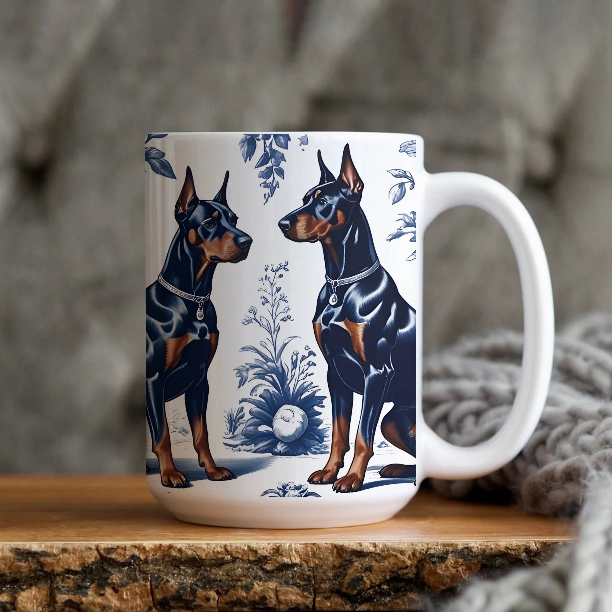 Doberman French Toile Mug, Elegant Blue Toile Coffee Cup for Doberman Mom, Doberman Gifts, Gift for Dog Mom, Dog Lover Gifts