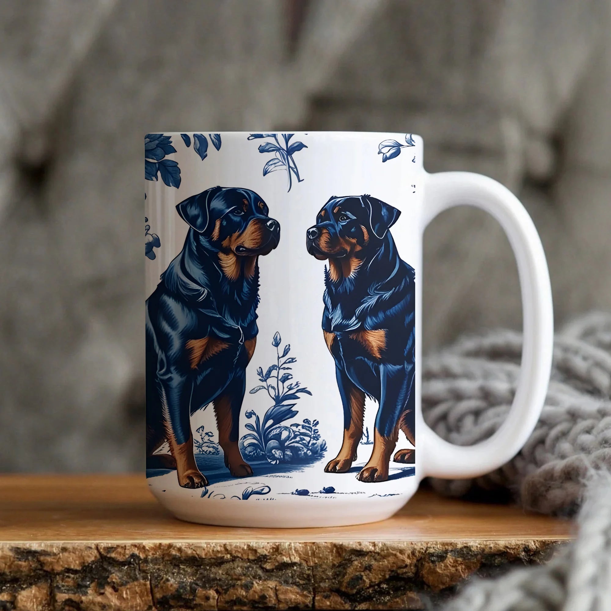 Rottweilers French Toile de Jouy Mug, Elegant Blue Toile Coffee Cup for Rottweiler Mom, Rottweiler Lover Gifts, Dog Lover Gifts