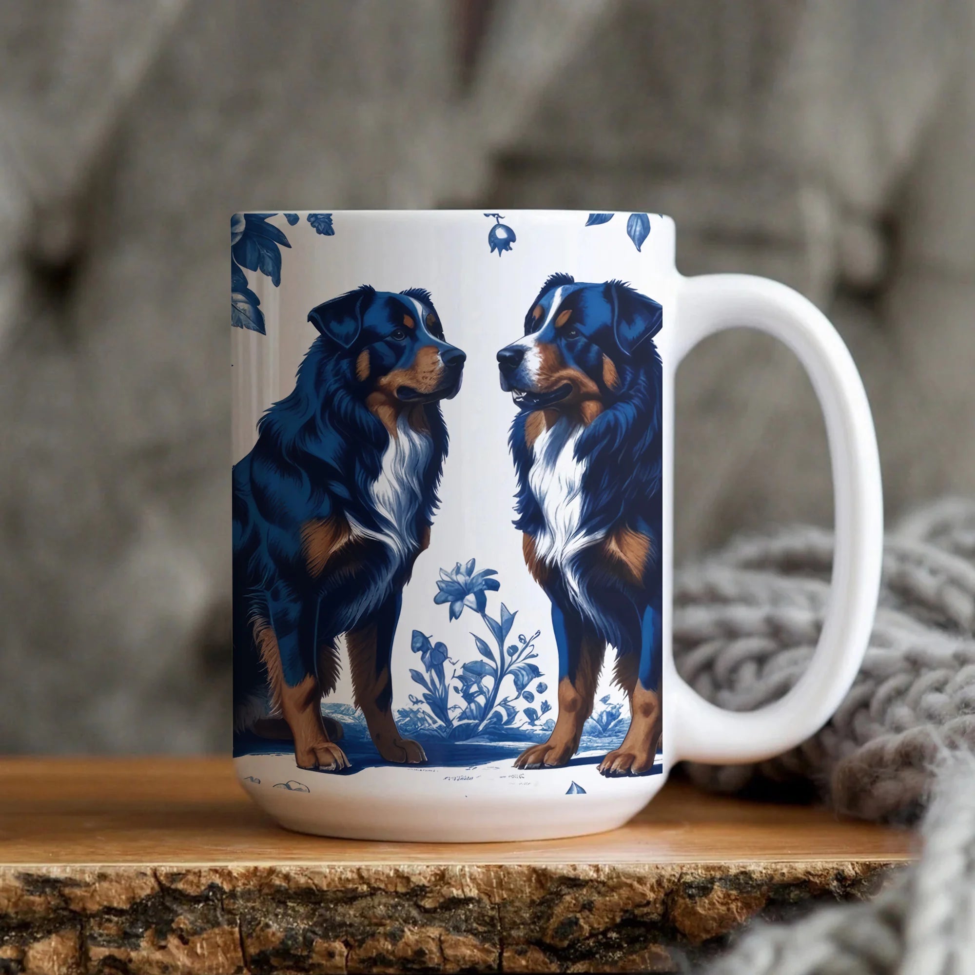 Bernese Mountain Dog French Toile Mug, Blue Toile Mug for Bernese Mountain Dog Mom, Gift for Dog Mom, Dog Lover Gifts