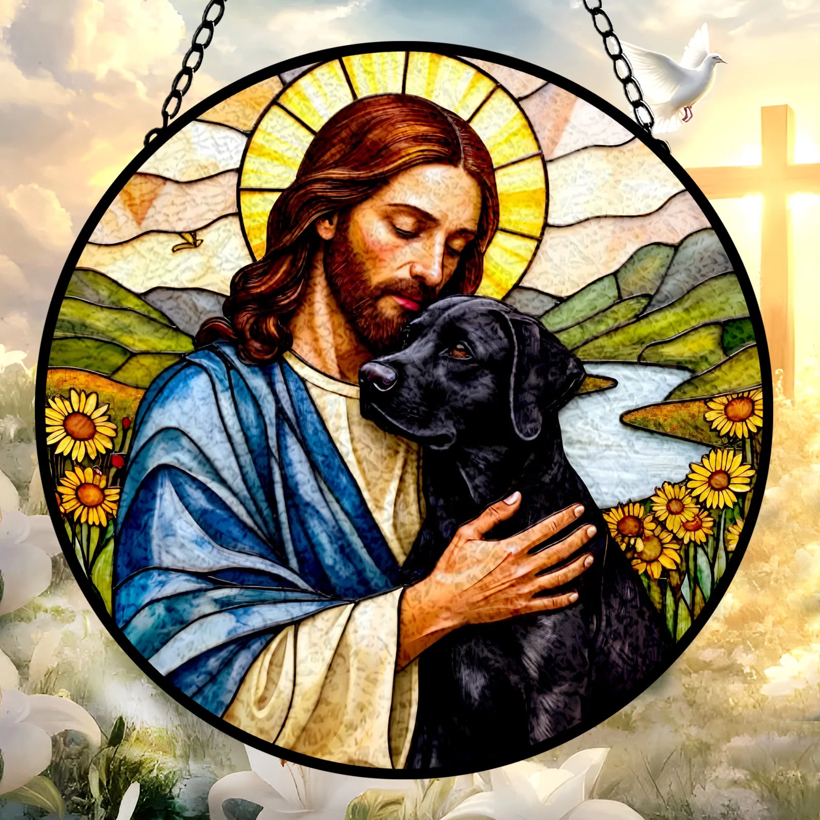 Jesus Christ Hugging A black Labrador Retriever Window stained glass, Religious Window Decor, Memorial Gift for Pet Lovers