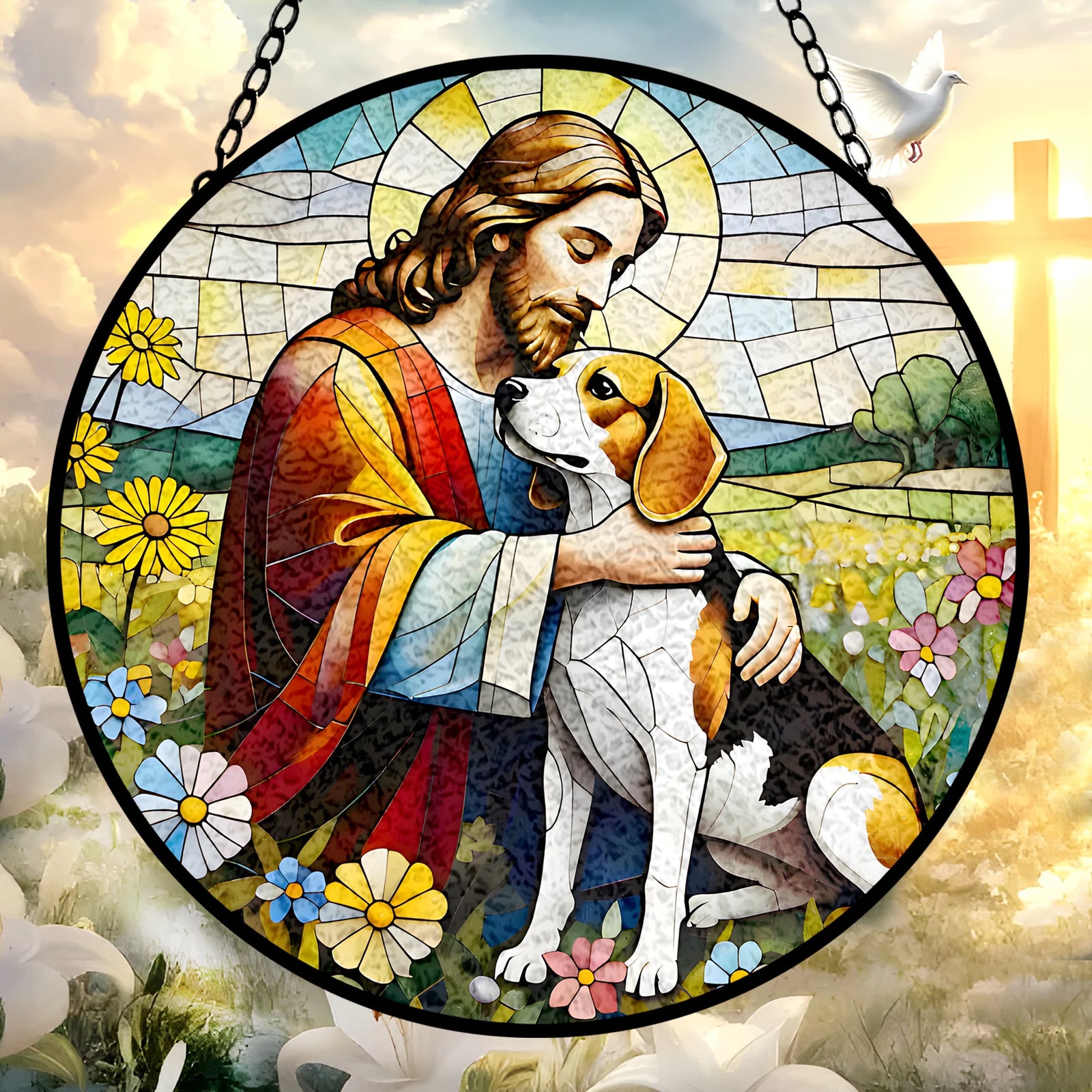 Jesus Hugging Beagle GLASS Suncatcher, Beagle Mom Decor, Dog Mom Suncatcher, Jesus With Dog Decor, Christian HOme Decor, Christian Gift, Window stained glass
