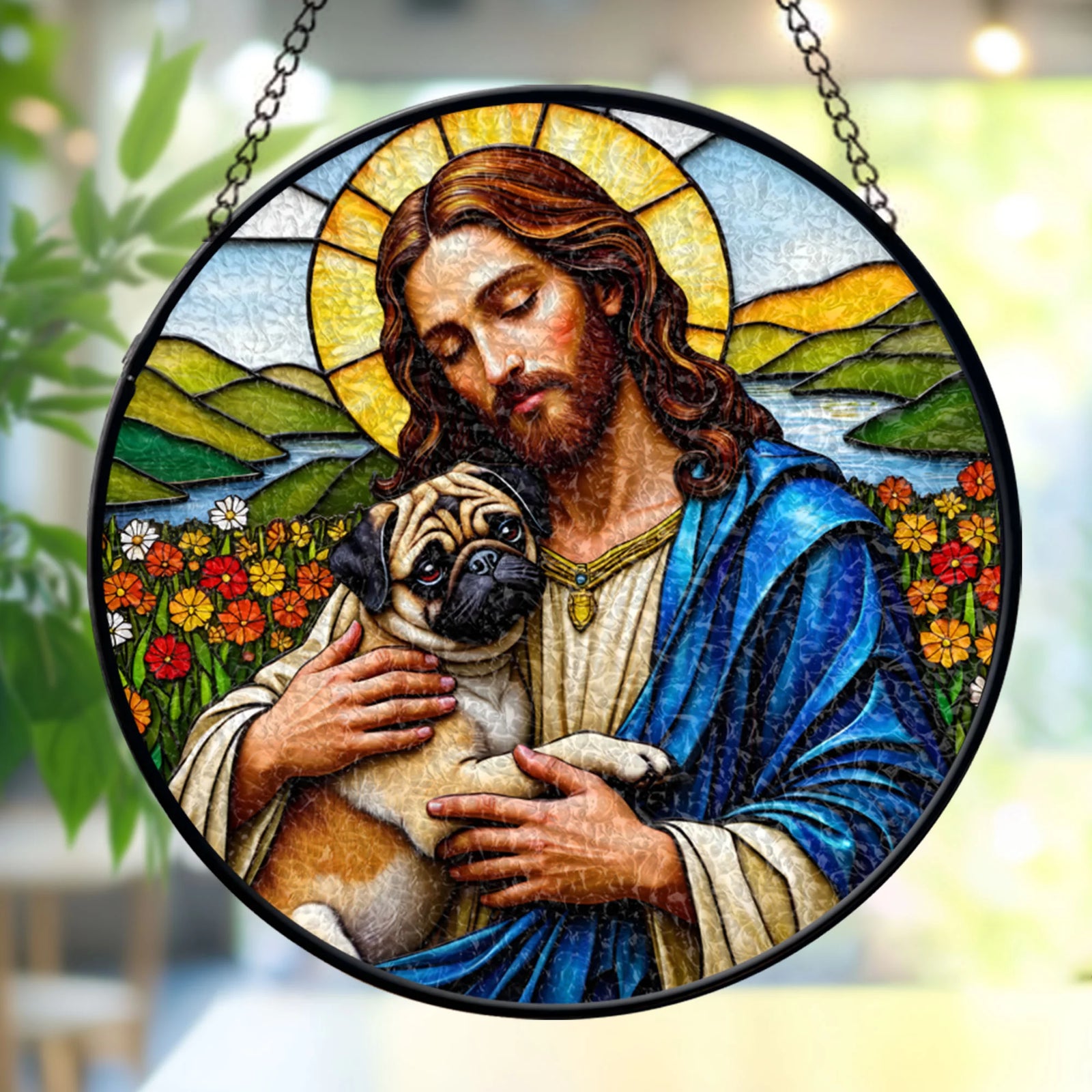 Jesus Christ Hugging Black Pug Glass Suncatcher, Religious Window Decor, Memorial Gift for Pet Lovers, Window stained glass