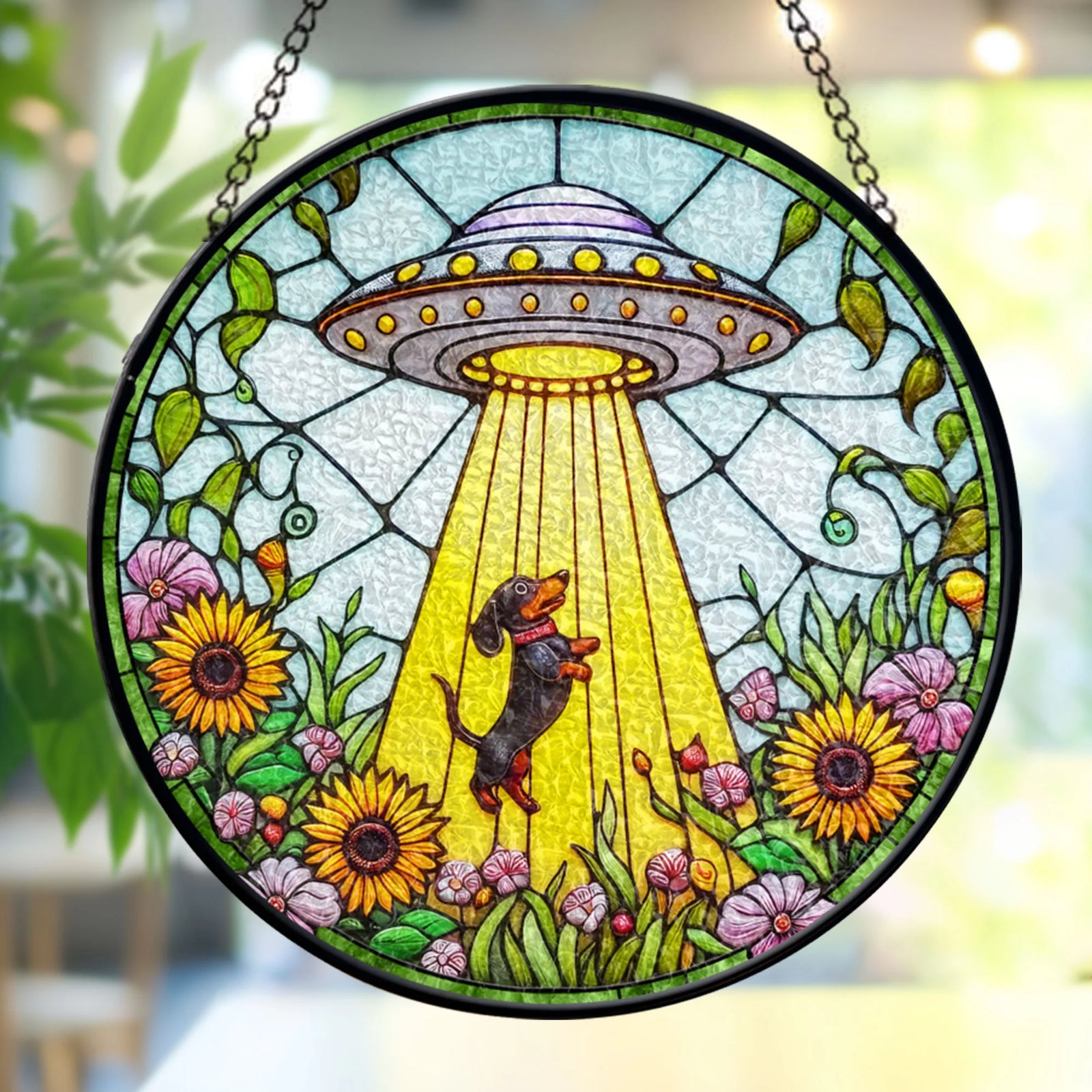UFO Abduction Dachshund Window stained glass, Funny Quirky Home Decor, Unique Dachshund Mom, Fun Pet Lover Decor, Mother's day gift set 2025