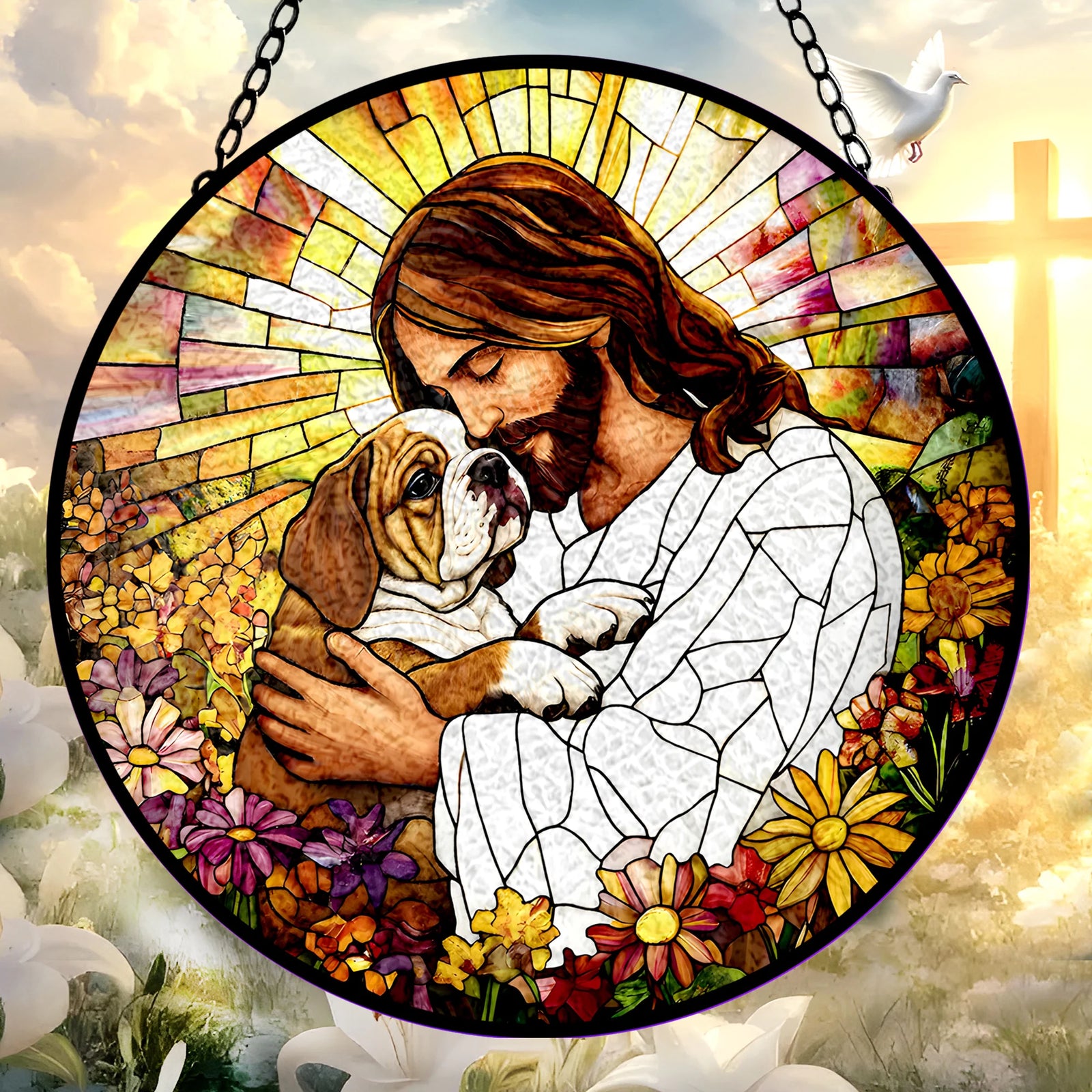 Jesus Christ Hugging English Bulldog Glass Suncatcher, English Bulldog Suncatcher, Dog Mom Gift, Memorial Bulldog Gift, Jesus Christ Art, Window stained glass