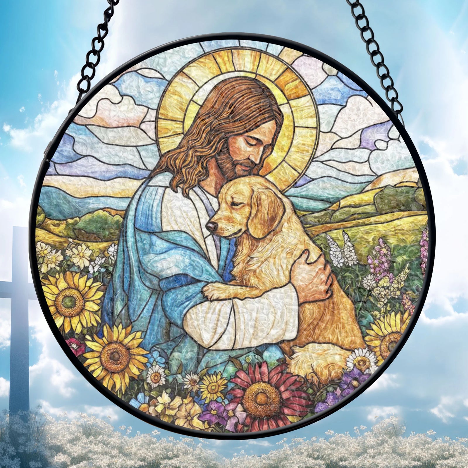 Jesus embracing Golden Retriever Window stained glass, Religious Dog Decor, Christian Window Art, Faith Gift, Pet Memorial Keepsake