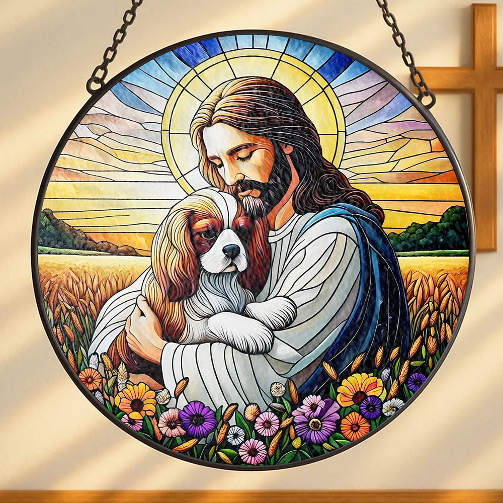 Jesus Christ Hugging Cavalier King charles Spaniel GLASS Suncatcher Decor, God Window Hanging Decor, dog Suncatcher, Memorial Art, Window stained glass