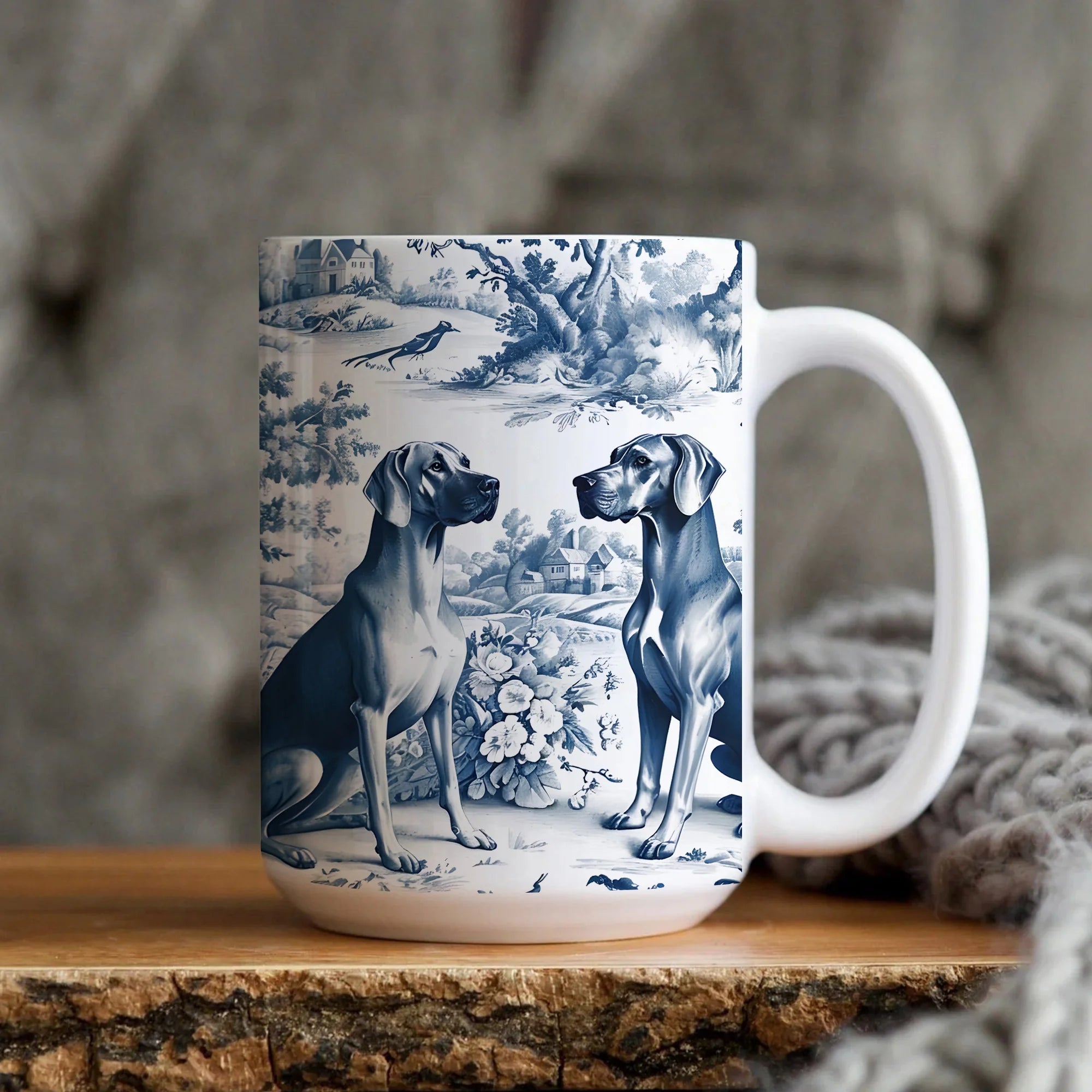 Rhodesian Ridgeback Toile De Jouy Mug, French Blue Toile Ridgeback Dog Mom Gift, Ridgies Lover Ceramic Chinoiserie Mothers Day Coffee Cup