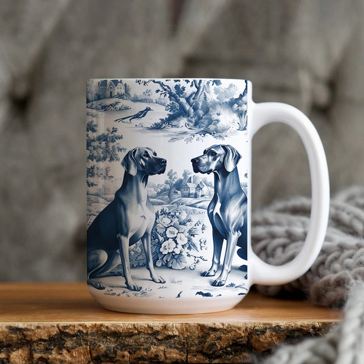 Rhodesian Ridgeback Toile De Jouy Mug, French Blue Toile Ridgeback Dog Mom Gift, Ridgies Lover Ceramic Chinoiserie Mothers Day Coffee Cup