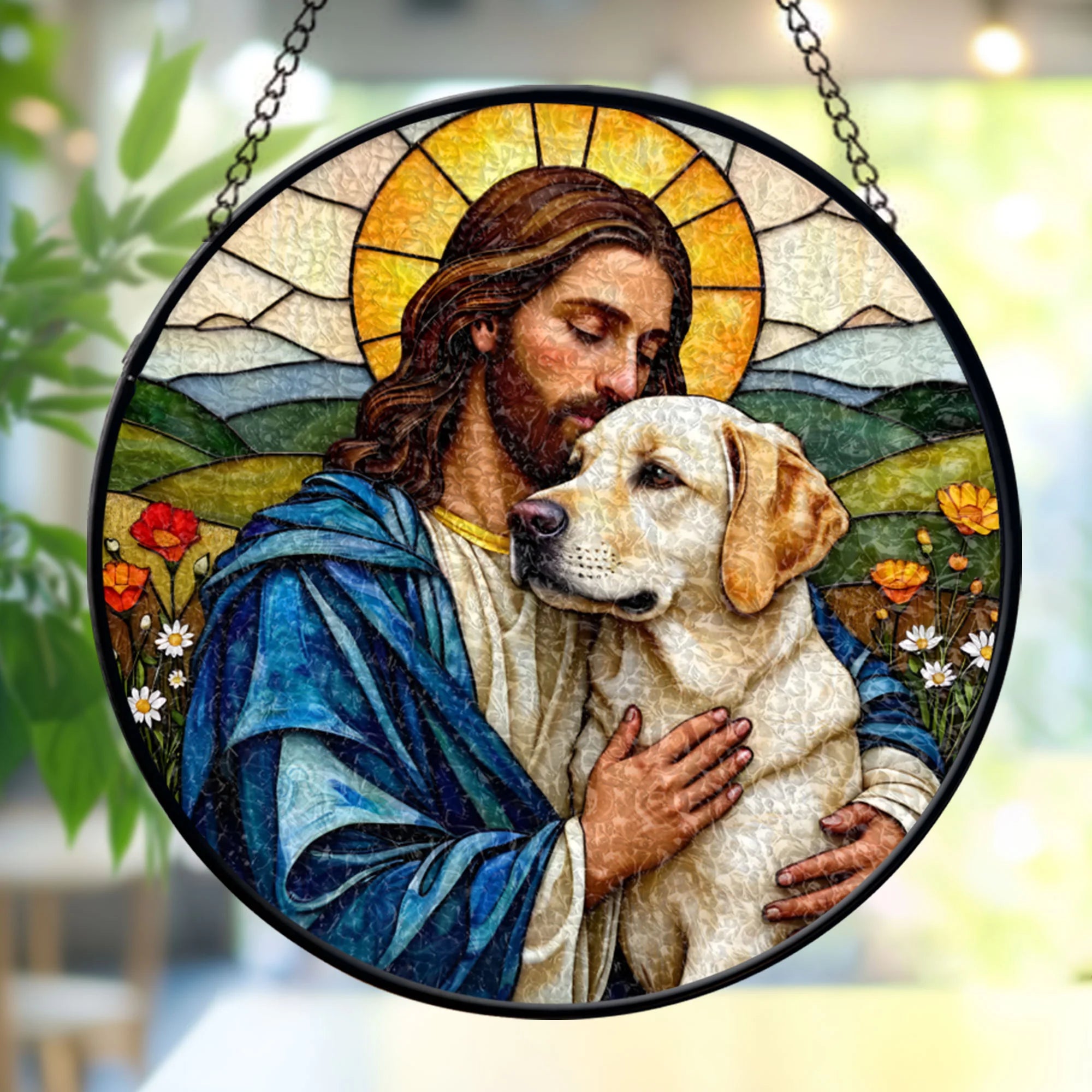 Jesus Christ Hugging A Golden Retriever Window stained glass, Religious Window Decor, Memorial Gift for Pet Lovers