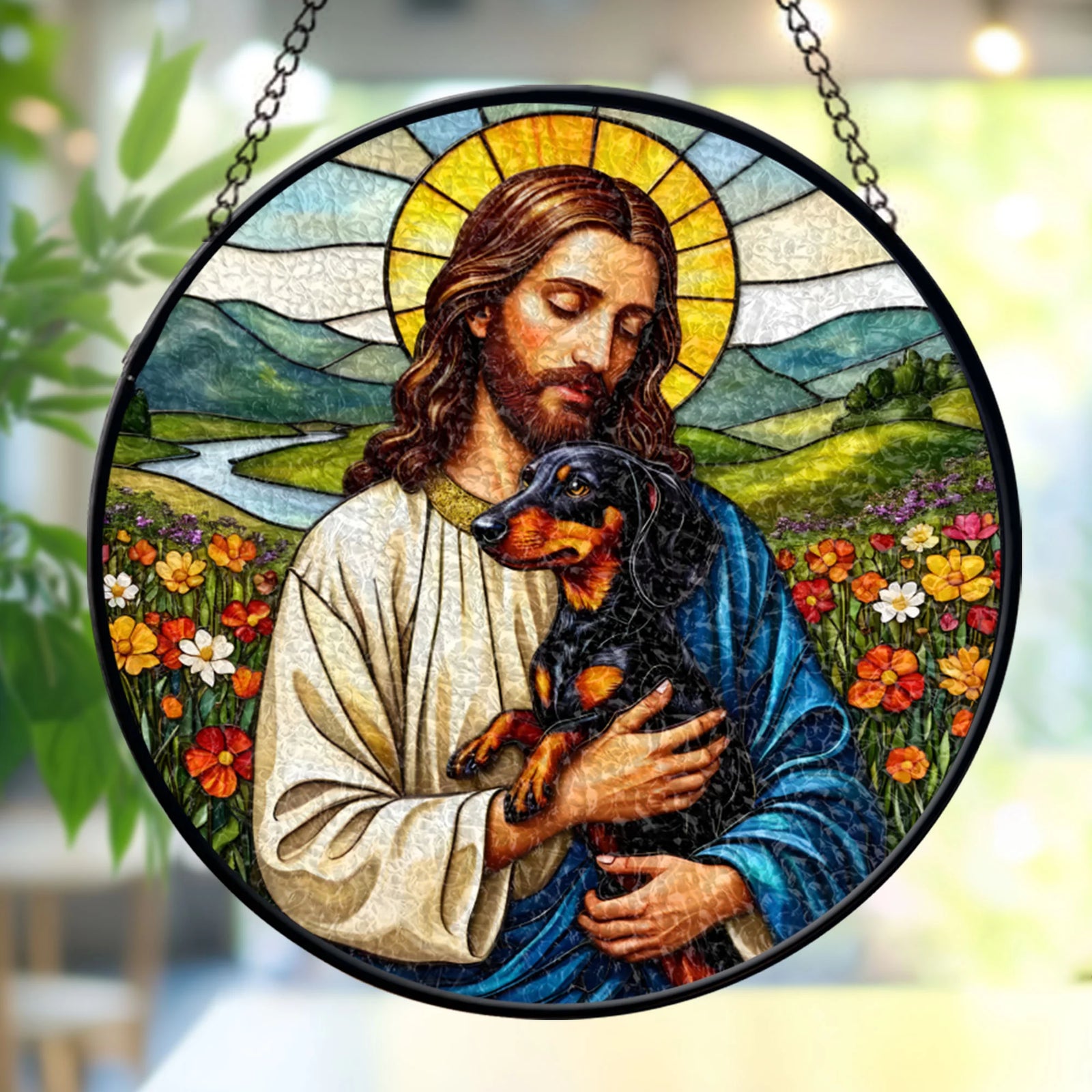 Jesus Christ Hugging A Black&Brown Dachshund Window stained glass, Religious Window Decor, Memorial Gift for Pet Lovers
