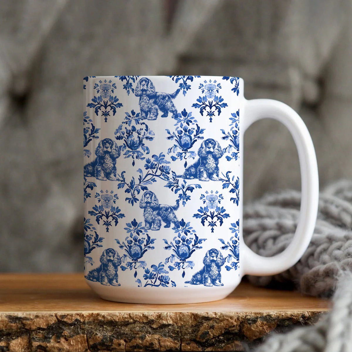 Cocker Spaniel Toile De Jouy Mug, French Blue Toile Golden Cocker Gift, Black Cocker Spaniel Dog Lover Ceramic Coffee Cup, Mom Gift Tea Mug