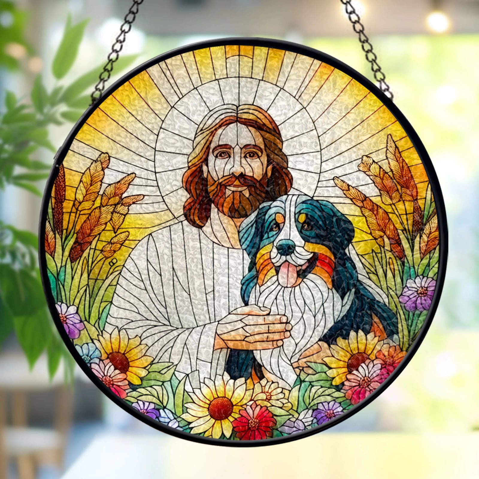 Jesus Christ Hugging Bernese Mountain Dog Stained GLASS Suncatcher, Jesus Christ Art, Bernese Dog Suncatcher, Dog Mom gift, Memorial Dog Art, Window stained glass