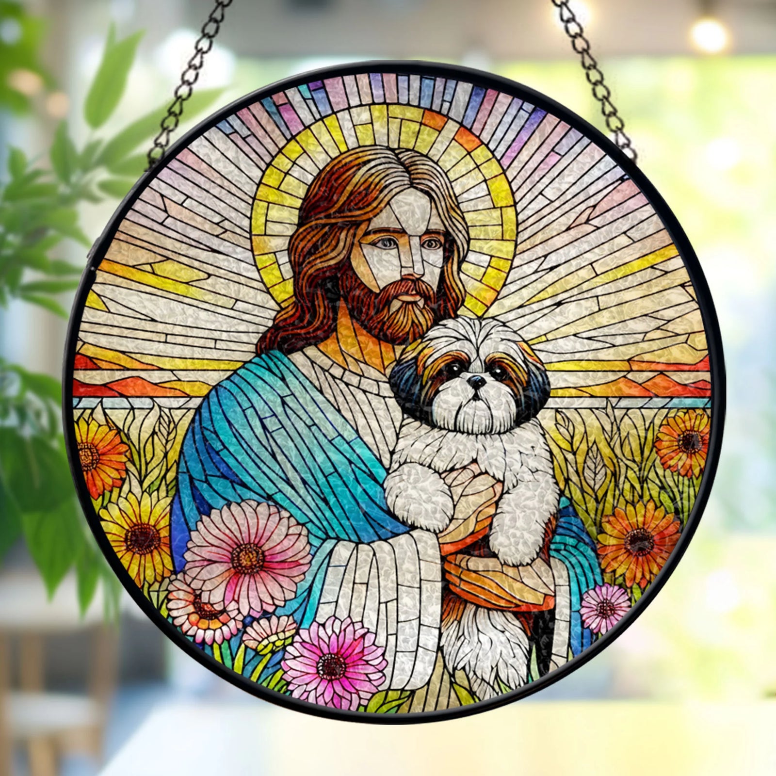 Jesus Christ Hugging Shih Tzu Dog Stained GLASS Suncatcher, Jesus Christ Art, Shih Tzu Suncatcher, Dog Mom gift, Memorial Dog Gift, Window stained glass