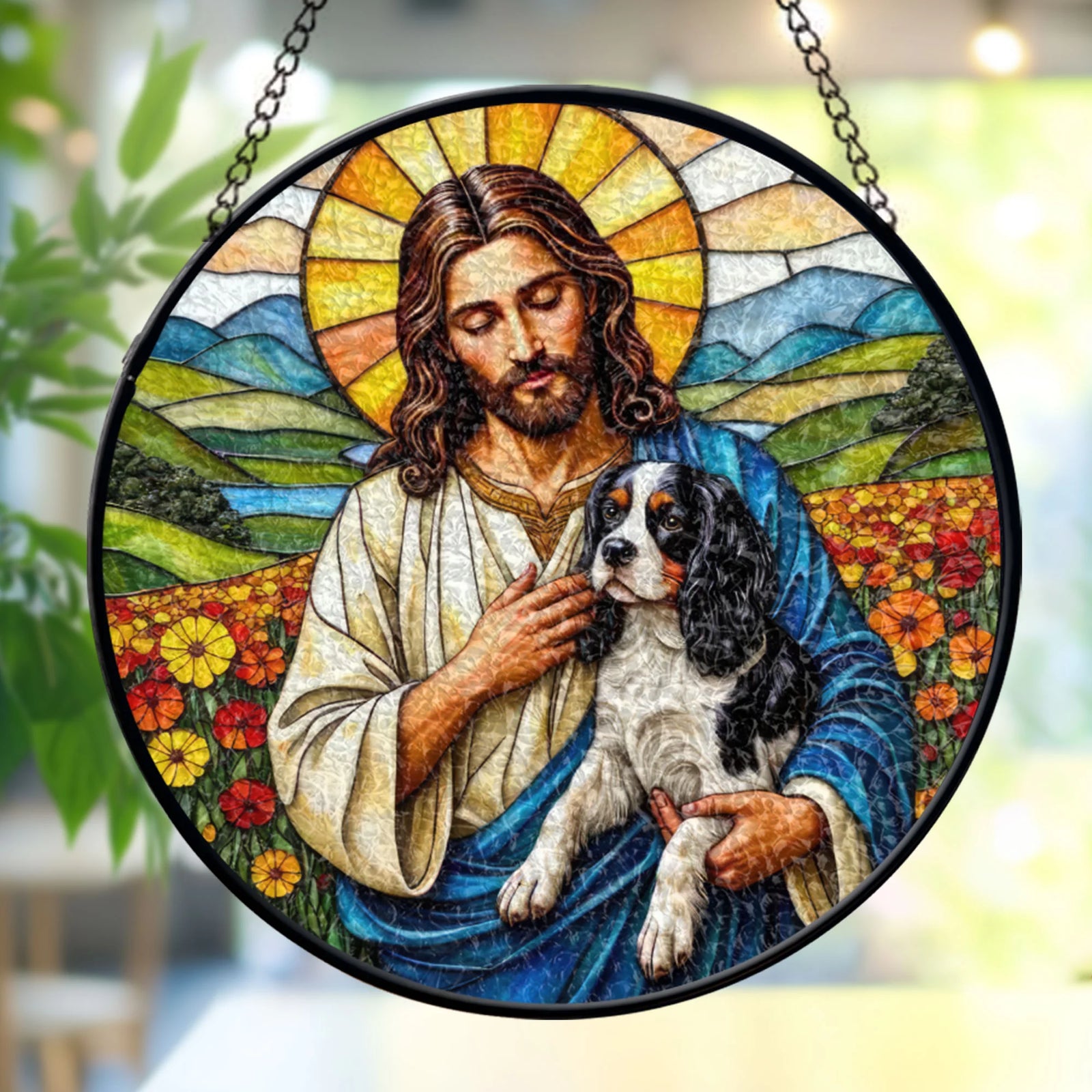 Jesus Christ Hugging Black & Tan Cavalier King Charles Spaniel Glass Suncatcher, Religious Window Decor, Memorial Gift for Pet Lovers, Window stained glass