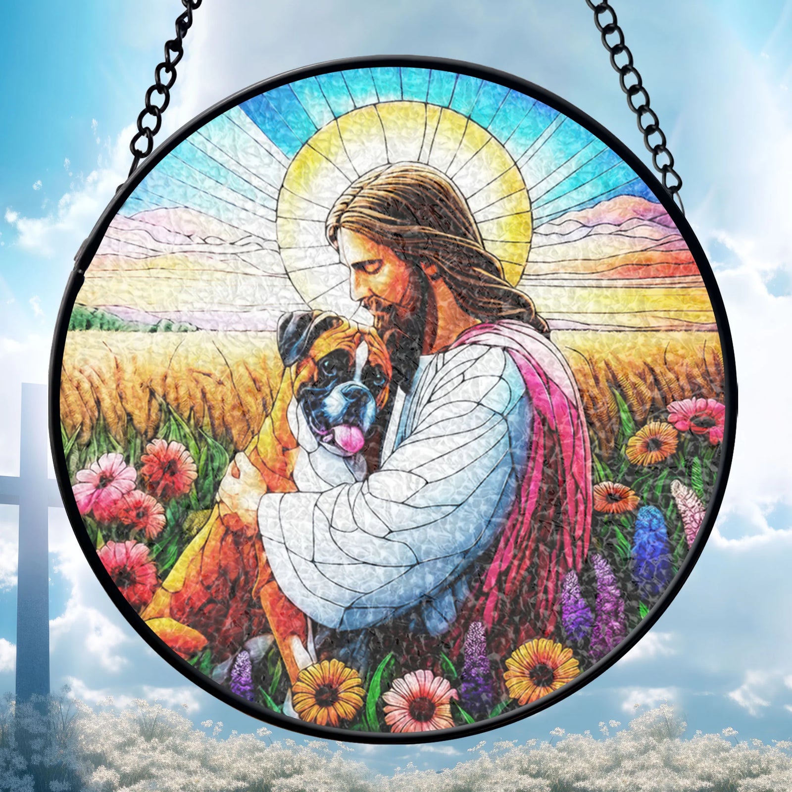 Jesus Christ Hugging A boxer dog GLASS Suncatcher Decor, God Window Hanging Decor, boxer dog Suncatcher, Memorial Art, Window stained glass