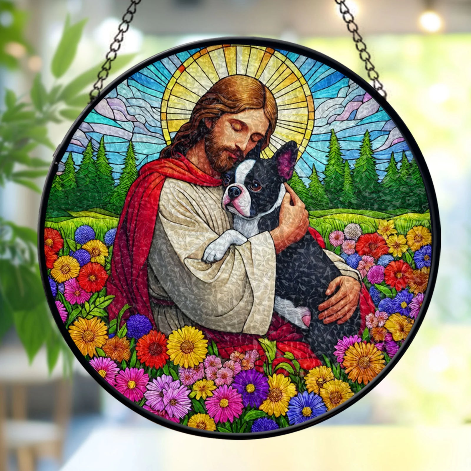 Jesus Hugging Boston Terrier GLASS Suncatcher Decor, Funny Christian, Funny Decor, Christian Gift, Dog Lover Decor, Funny Animal Gift, Window stained glass