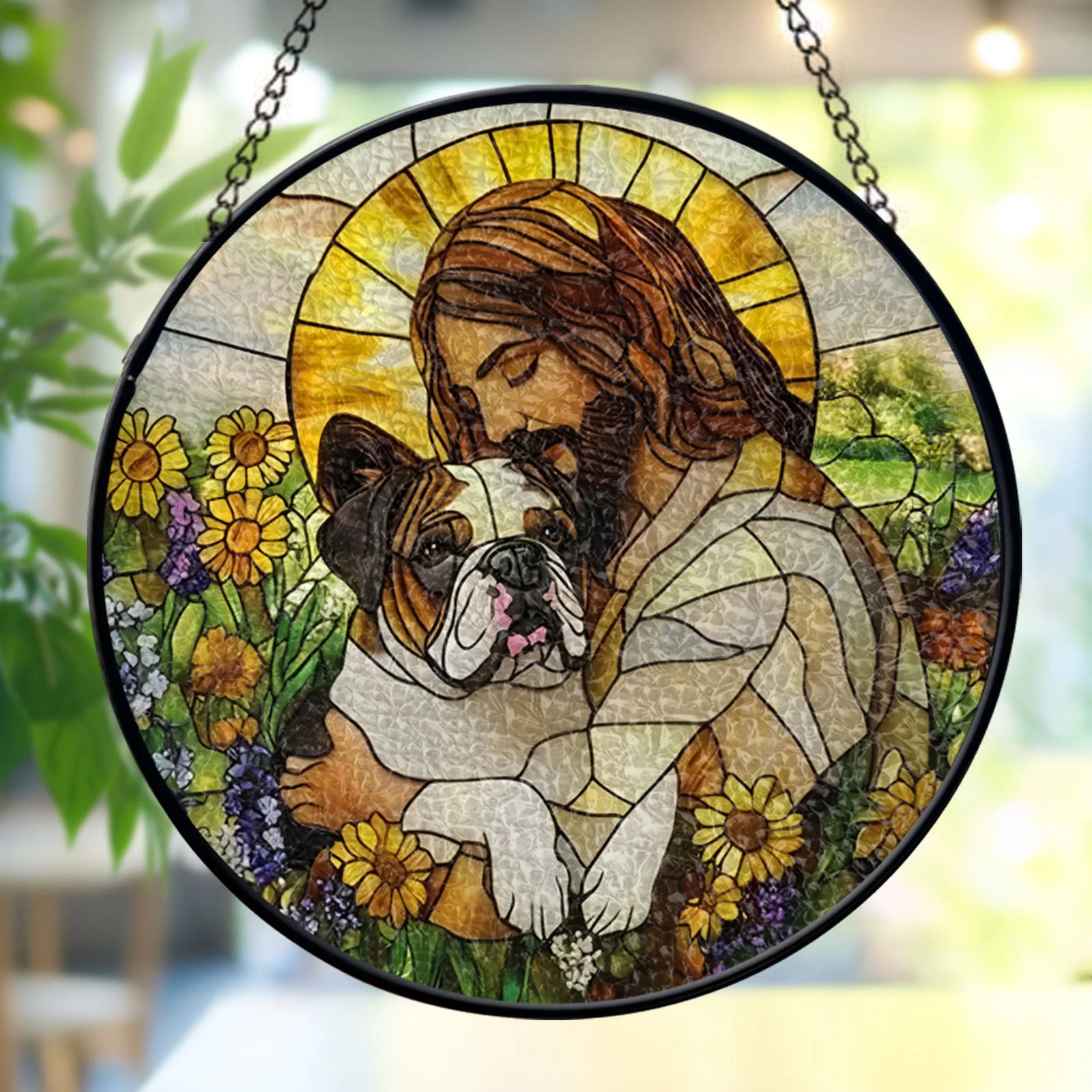 Acrylic Jesus Christ Hugging English Bulldog Suncatcher, Memorial Gift, Pet Lover Gift, Christian Decor, Religious Cross Suncatcher, Window stained glass