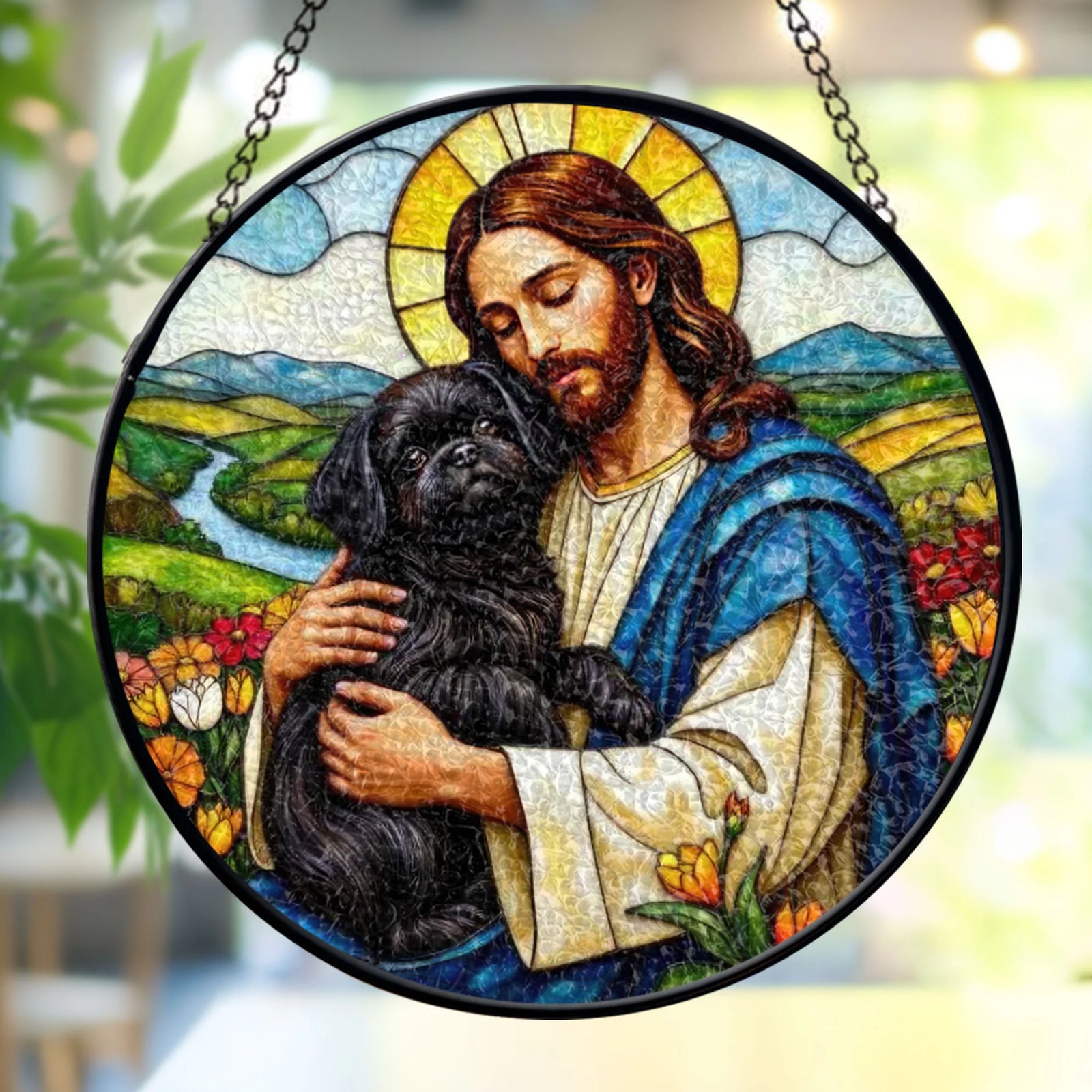 Jesus Christ Hugging White Shih Tzu Window stained glass, Religious Window Decor, Memorial Gift for Pet Lovers