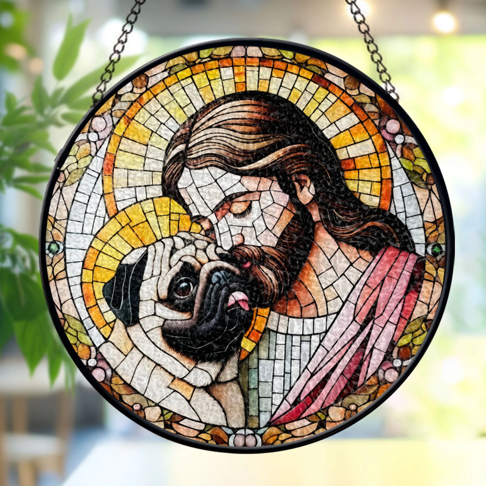 Jesus and Pug GLASS suncatcher Hanging, Jesus Christ, Pug hanging, Jesus Suncatcher hanging, Jesus decor, Pug mom gift, Christian gift, Window stained glass