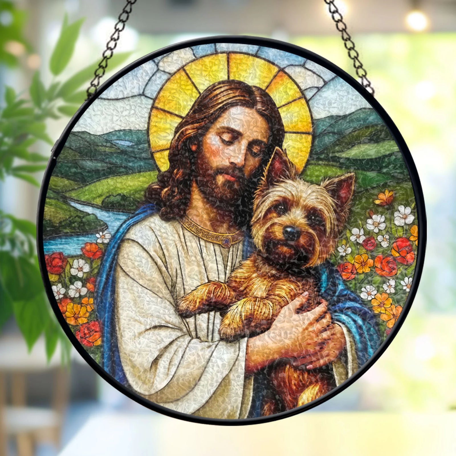 Jesus Christ Hugging A Yorkshire Terrier Window stained glass, Religious Window Decor, Memorial Gift for Pet Lovers