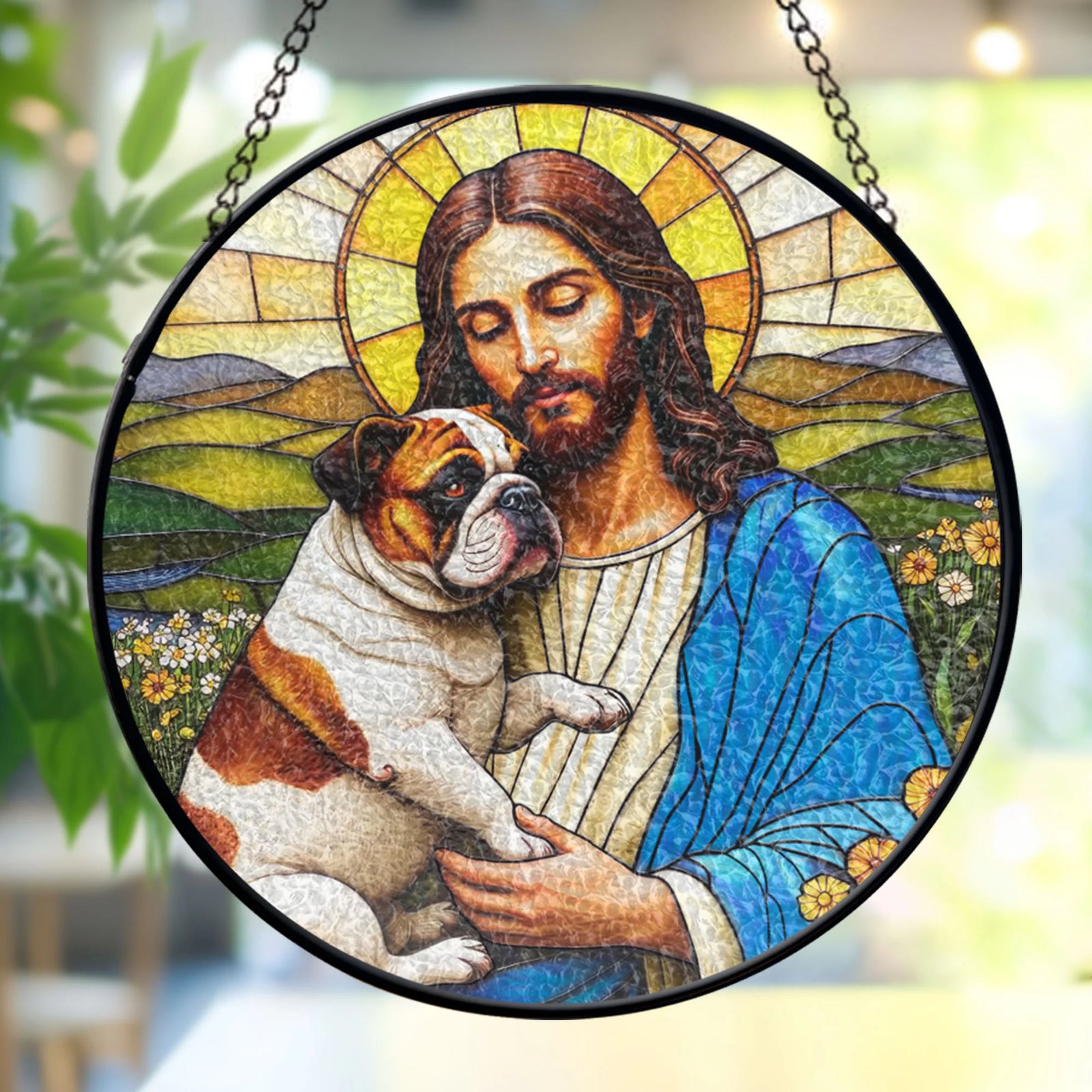 Jesus Christ Hugging A English Bulldog Window stained glass, Religious Window Decor, Memorial Gift for Pet Lovers
