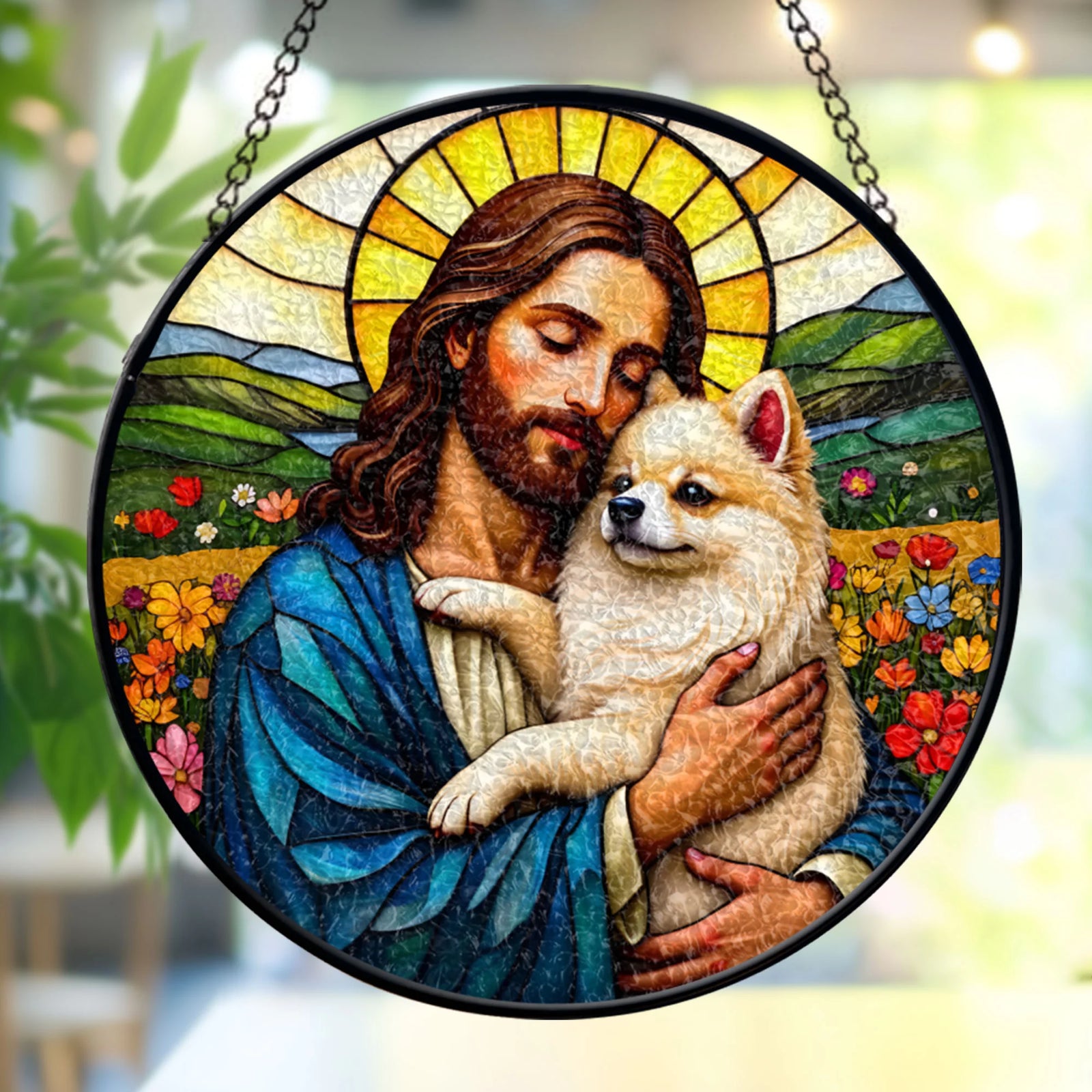 Jesus Christ Hugging Cream Pomeranian Window stained glass, Religious Window Decor, Memorial Gift for Pet Lovers