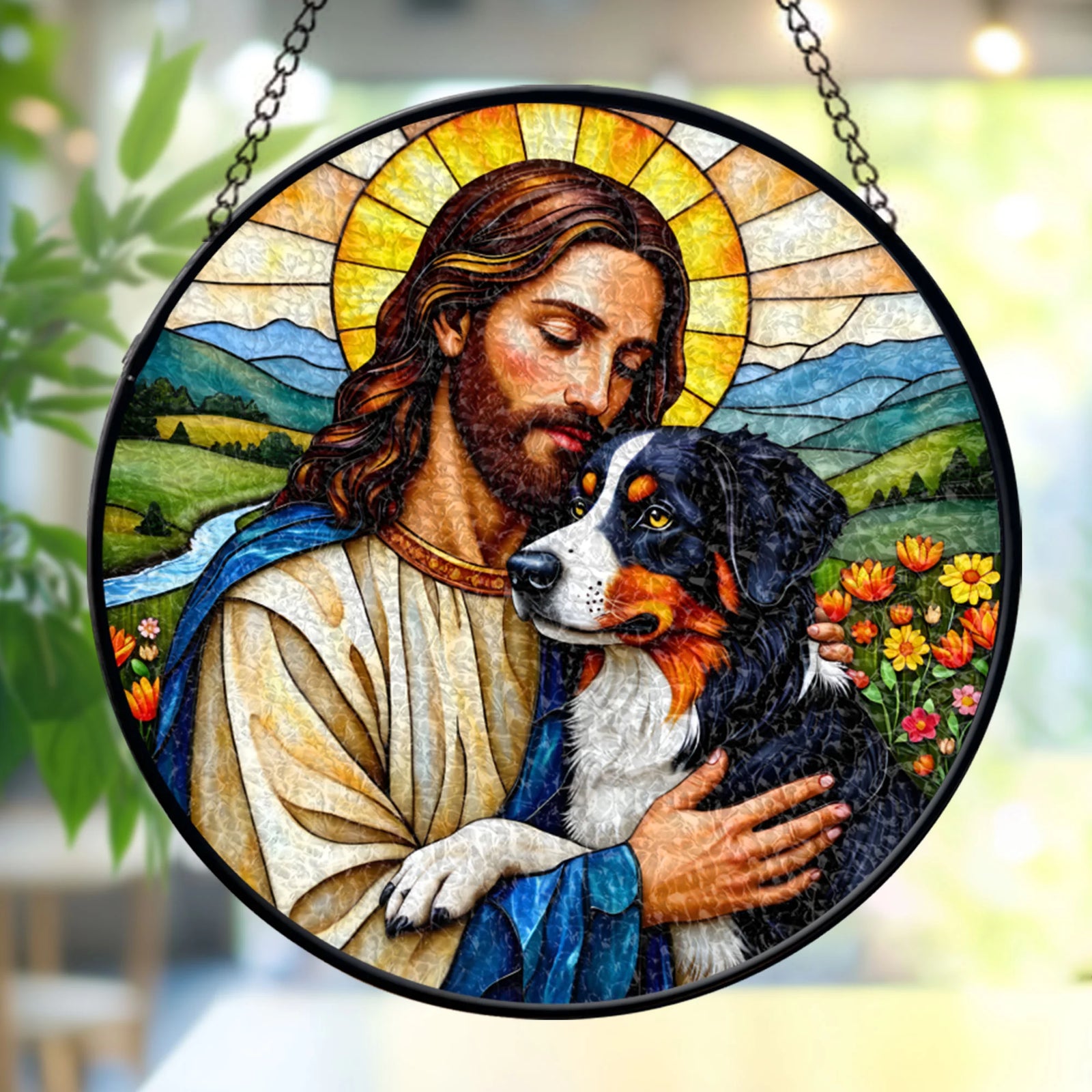 Jesus Christ Hugging A Black Tricolor Australian Shepherd dog Pointer Window stained glass, Religious Window Decor