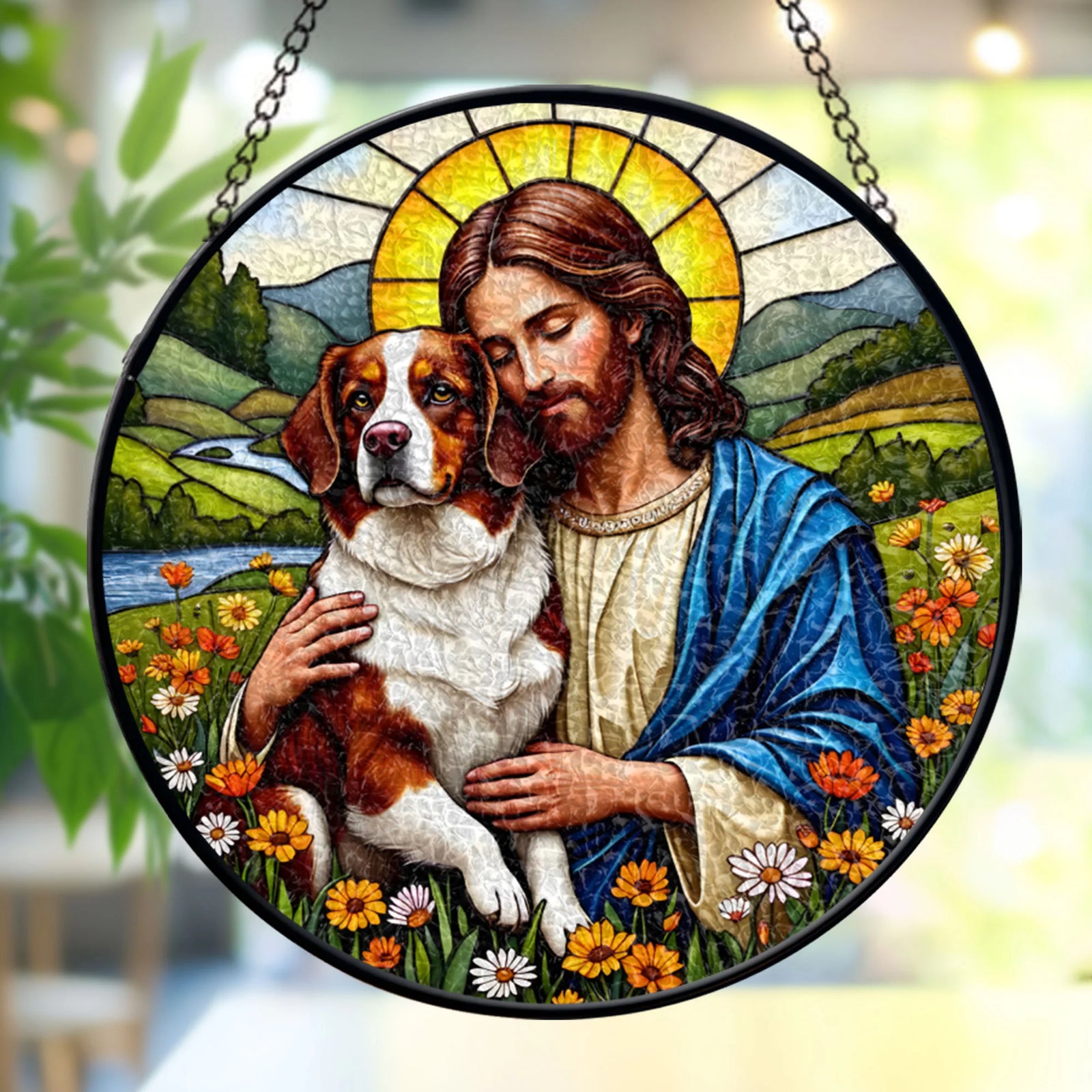 Jesus Christ Hugging White & Rust Bernese Mountain Dog Window stained glass, Religious Window Decor, Memorial Gift for Pet Lovers