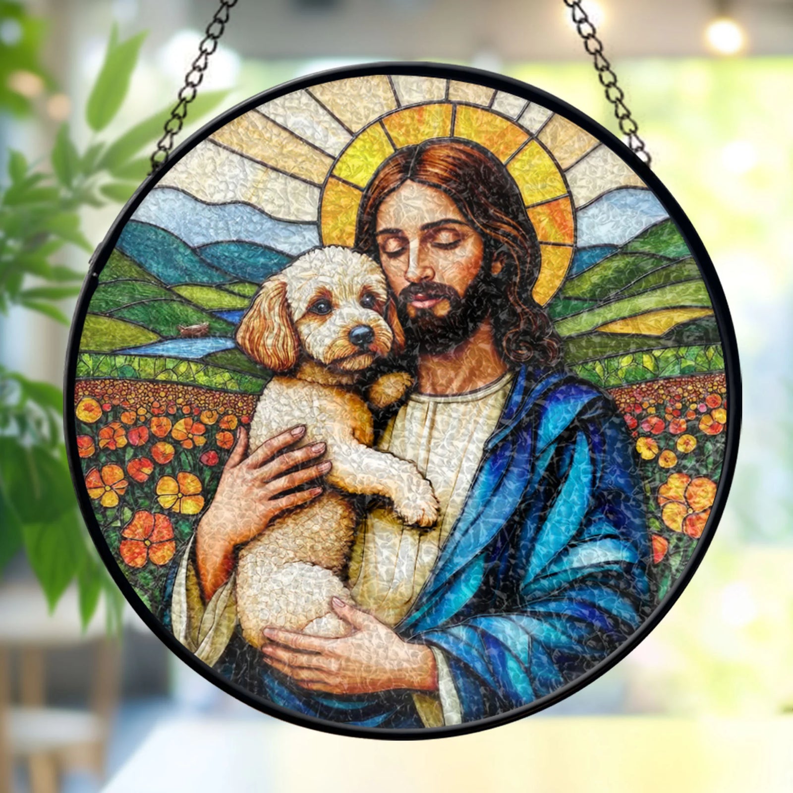 Jesus Christ Hugging A Poodle Window stained glass, Religious Window Decor, Memorial Gift for Pet Lovers