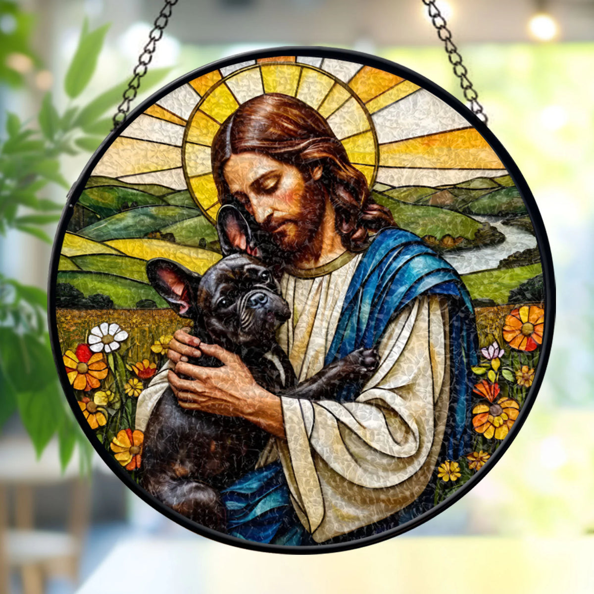 Jesus Christ Hugging A Black&amp;White French Bulldog Window stained glass, Religious Window Decor, Memorial Gift for Pet Lovers