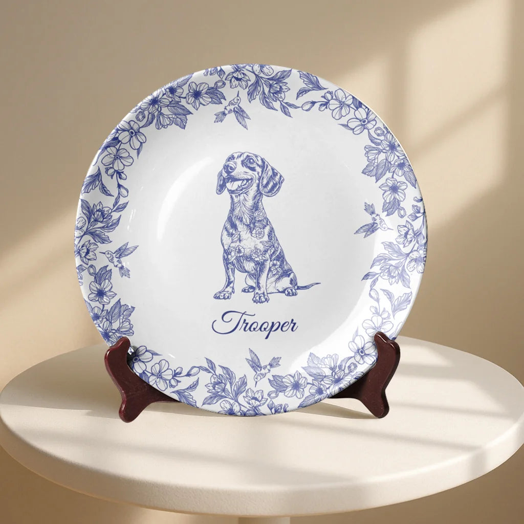 Custom Dachshund Dog Chinoiserie Toile De Jouy Plate – Personalized Name Gift